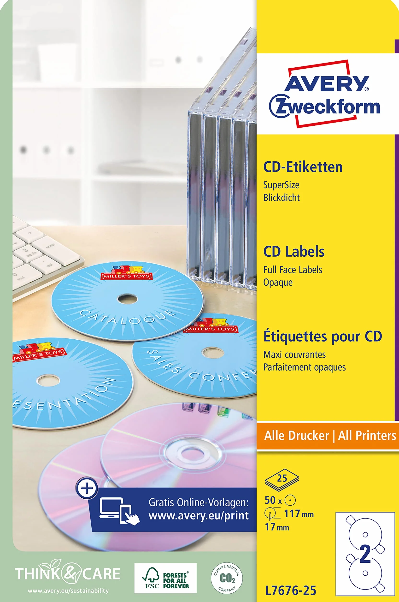 AVERY Zweckform etykiety CD L7676-25 50 naklejek Ø 117 mm papier matowy biały 25 arkuszy