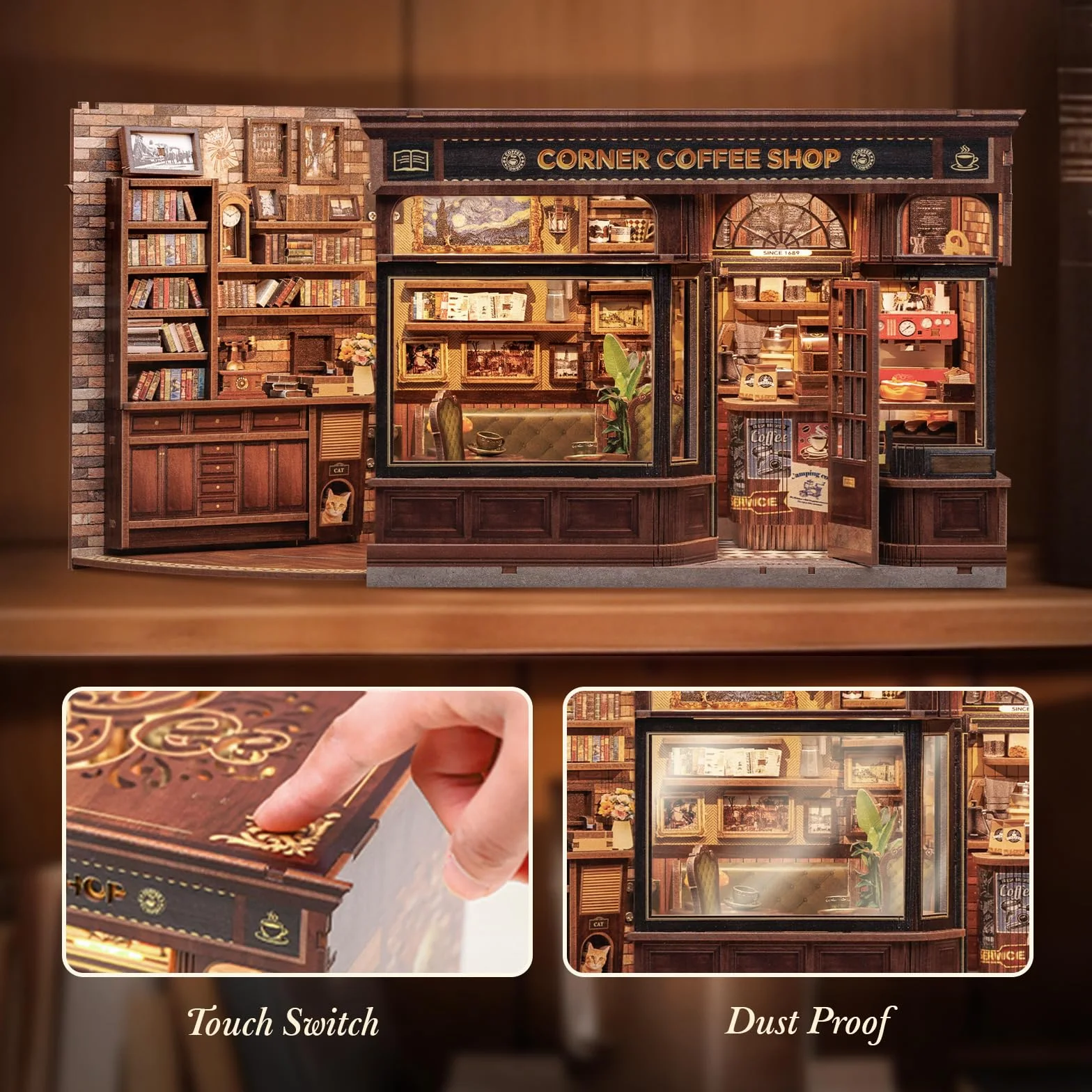 CUTEBEE Book Nook – Domek DIY drewniany z LED dla dorosłych, puzzle 3D, dekoracja na półkę z książkami, prezent (Corner Coffee Shop)