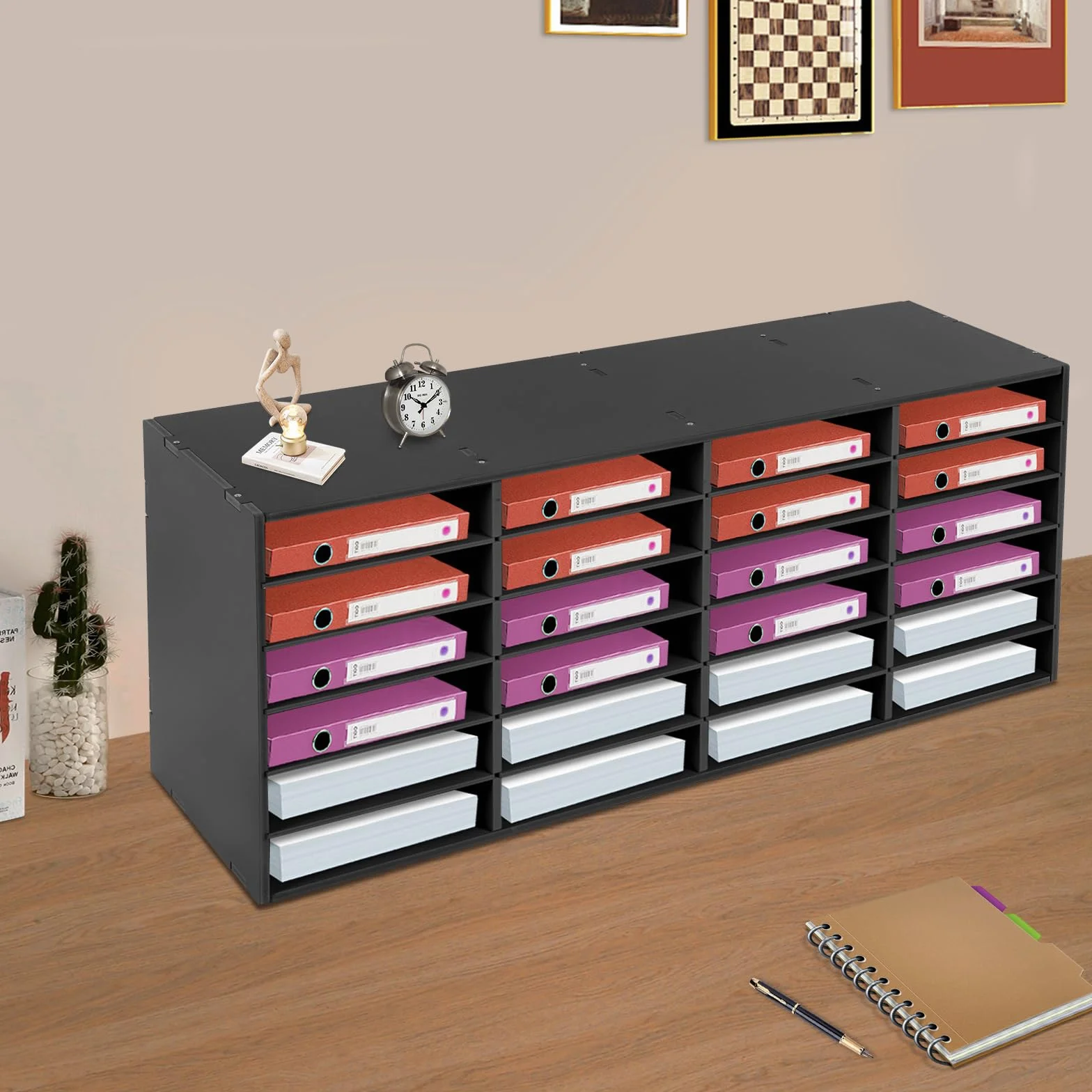 Półka na listy, 24 przegródki, organizer z PCW, półka na dokumenty 100 x 30 x 42 cm, półka na dokumenty, do domu, biura, na zajęcia (czarna)