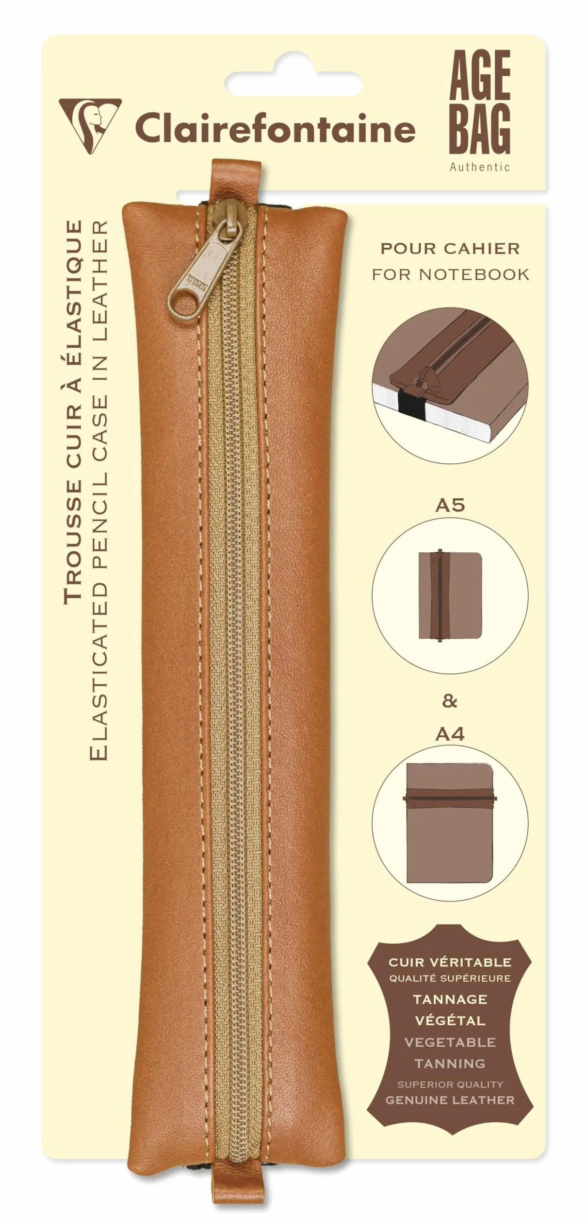 Clairefontaine 77036C Kolekcja Age Bag Piórnik płaski z gumką z prawdziwej skóry jagnięcej brązowy – 20 x 4,5 cm