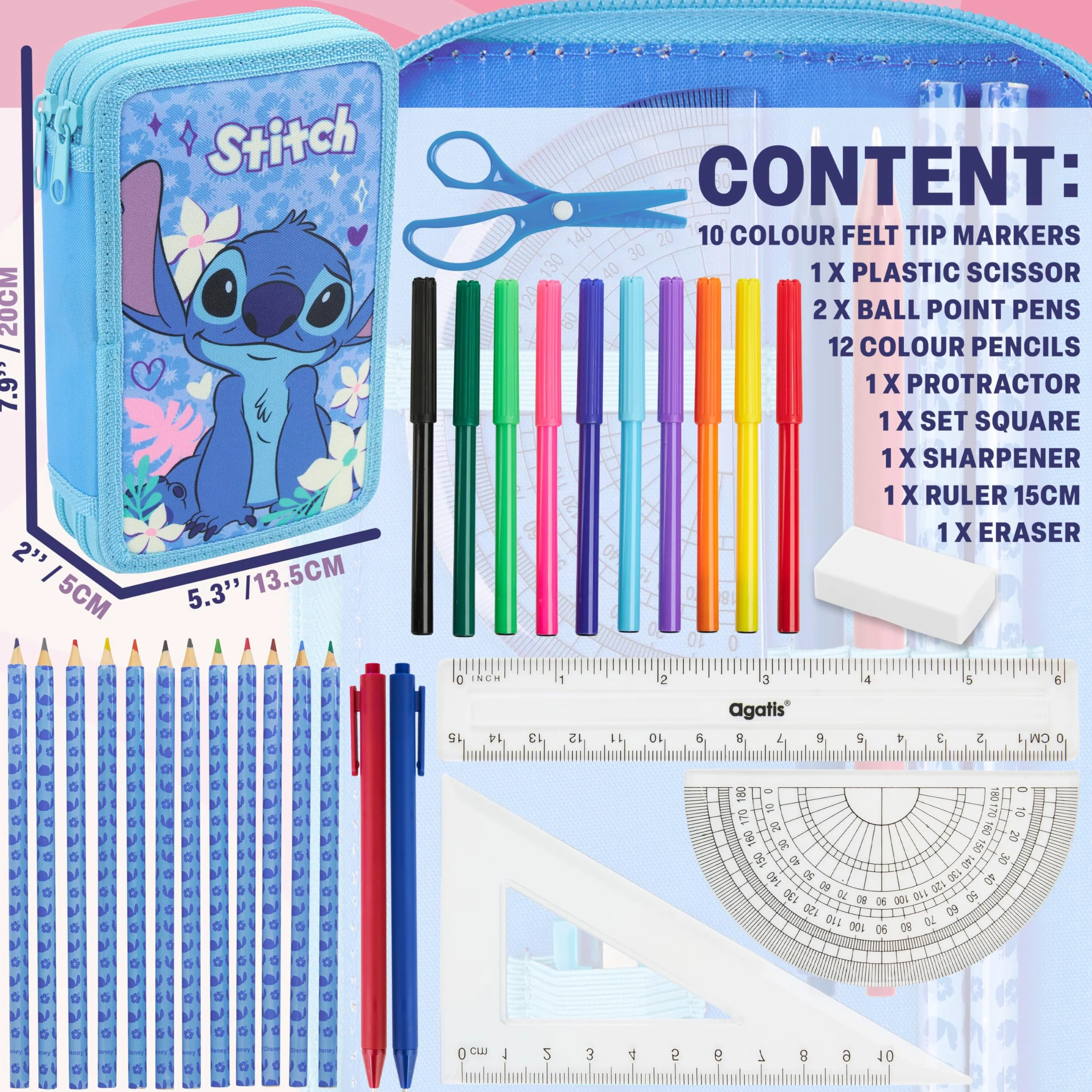 Disney Piórnik Stitch dla dziewczynek, nastolatków, dzieci z 2 przegródkami na kolorki, markery, długopisy, gumki, linijki, szkoła, artykuły szkolne, prezenty dla dziewczynek (Niebieski Stitch)