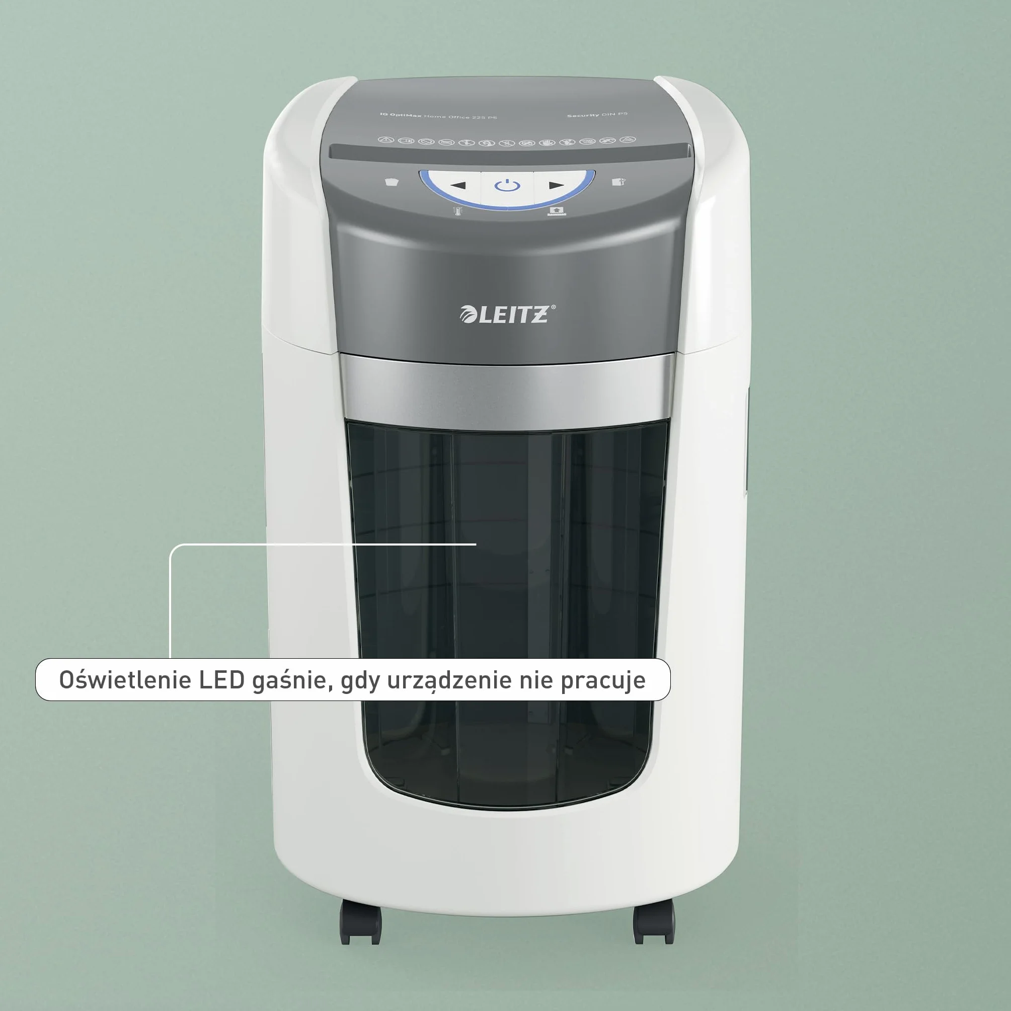 Leitz IQ OptiMax Small Office 225 niszczarka mikrocięcie, pojemnik 15 L (225 arkuszy), niszczy 8–9 kartek (70–80 g/m²), czas pracy 20 min, technologia obrotowa, +45% pojemności, poziom P5