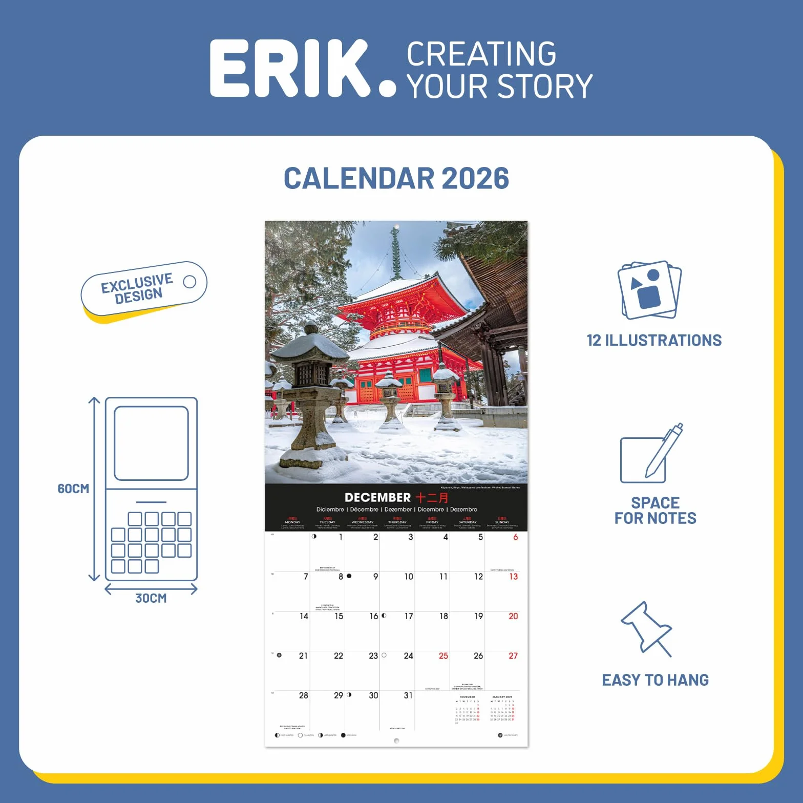 Grupo Erik Wall Calendar 2026 - Japan Calendar 2026 | Square 30 x 30 cm - 12 x 12 inches Wall Planner, Family Planner Month To View | Japanese Gifts For Friends