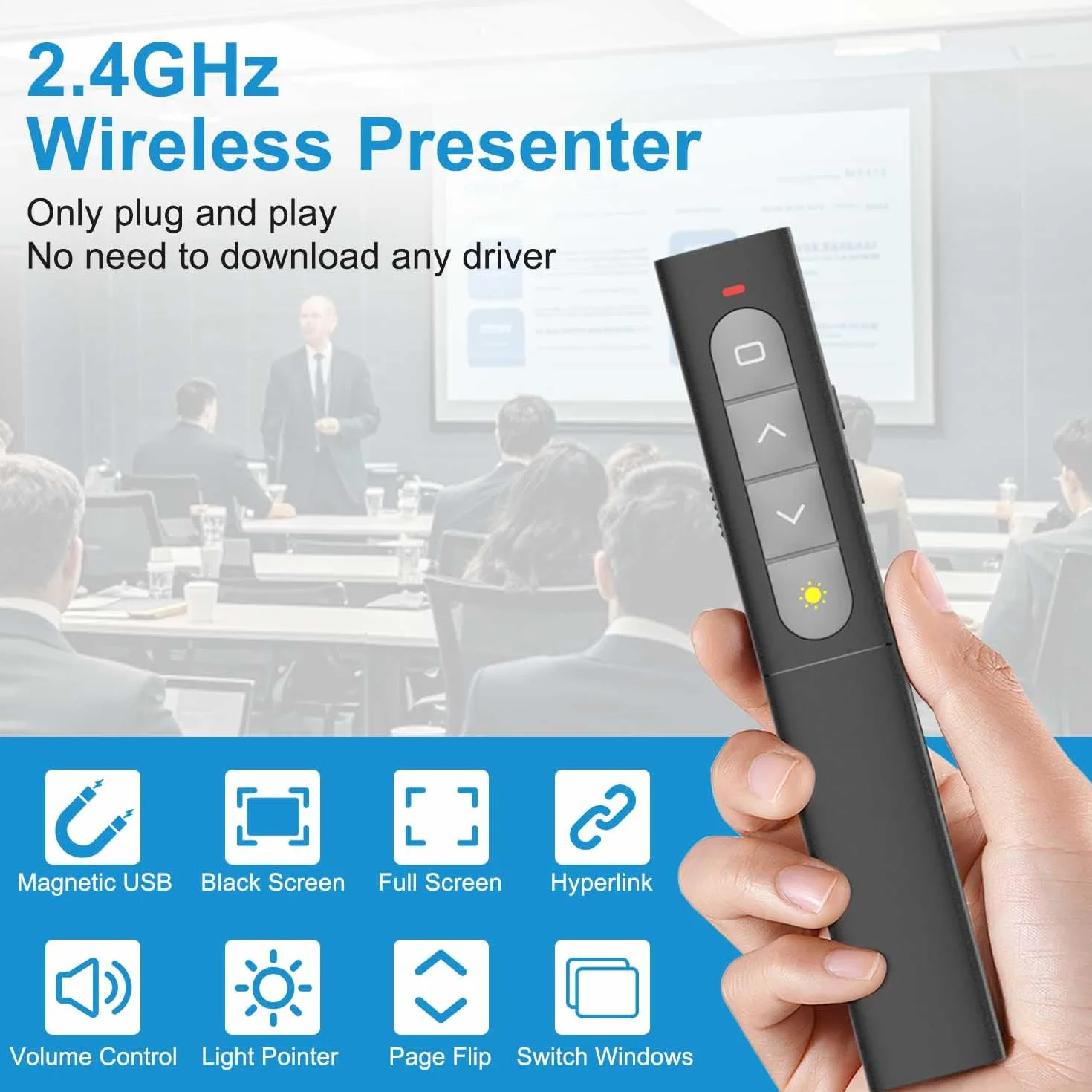 Powerpoint Clicker do Prezentacji, 2,4 GHz Bezprzewodowy Pilot do Prezentacji Wskazówka PPT Clicker Slide Advancer Komputer Clicker Wsparcie Głośności Hiperlink