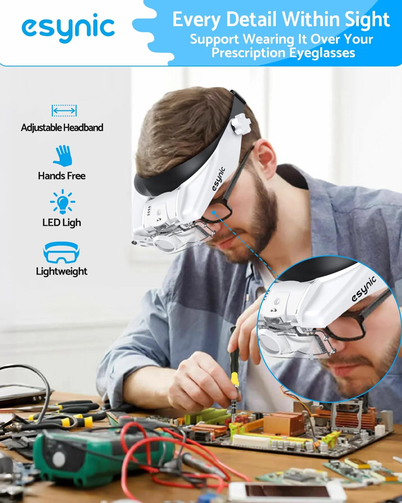 eSynic Okulary powiększające z oświetleniem LED-kask lupa czołowa szklarnia-5 odpinanych soczewek (1,5X, 2,0X, 2,5X, 3,0X, 3,5X) wszystkie precyzyjne prace, naprawy, szycie, biżuteria