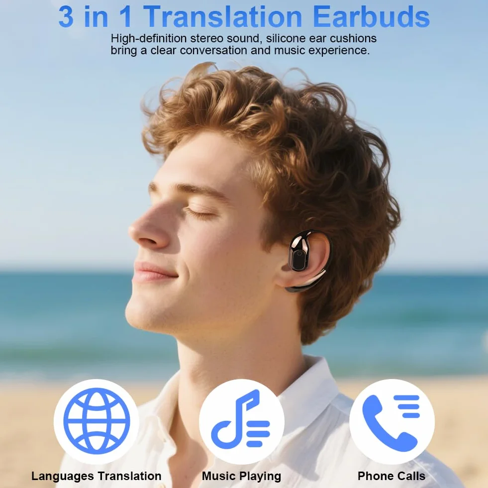 XG99 słuchawki douszne do tłumaczenia w czasie rzeczywistym, otwarte słuchawki douszne z Bluetooth 5.4, tłumacz języka 144, słuchawki douszne z 25-godzinnym czasem odtwarzania, idealne do