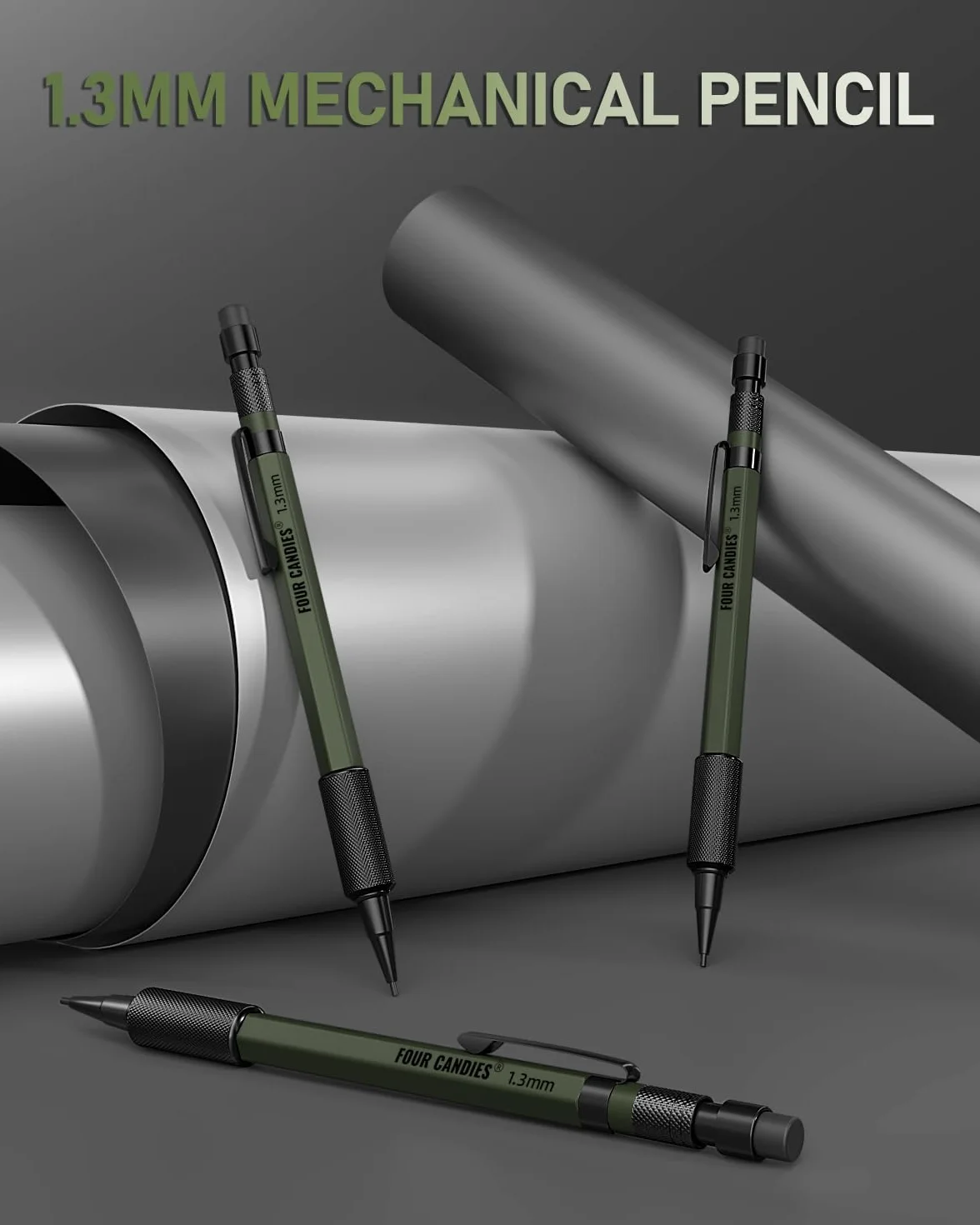 Four Candies Zestaw ołówków mechanicznych 1,3 mm metalowe wytrzymałe ołówki stolarskie 48 wkładów 3 gumki