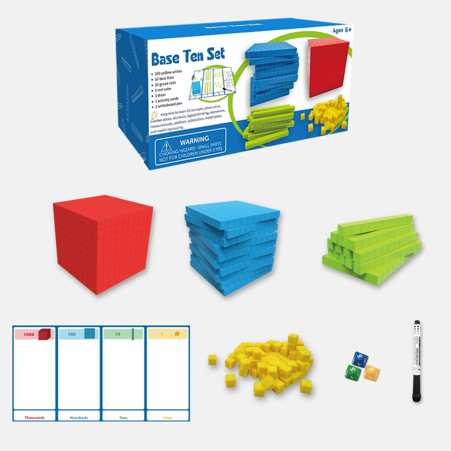 Base Ten Blocks, Math Manipulatives Learning Toy Set, Preschool Counting Cubes & Place Value Blocks, Hands On Number Concept Training, Educational Math Game for Kids Classroom Homeschool Teaching Aid
