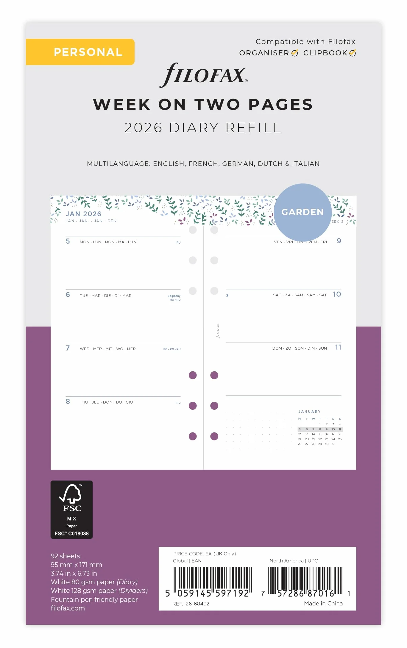 Filofax Personal Garden week to view 5 language 2026 diary 26-68492