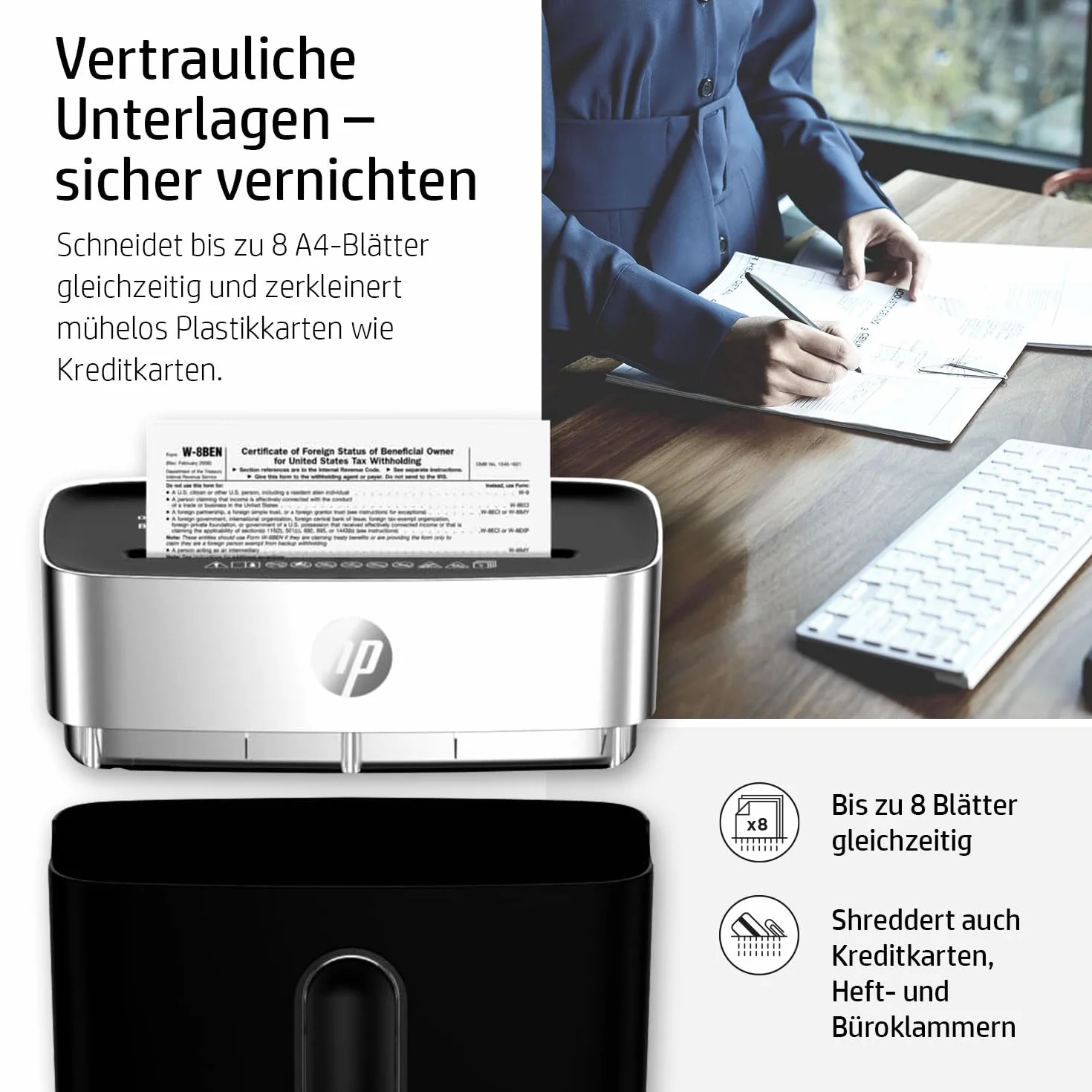 HP OneShred 8CC Black niszczarka dokumentów, poziom bezpieczeństwa P-4, Cross Cut, 8 arkuszy, 2826, czarny/srebrny, cięcie cząstek