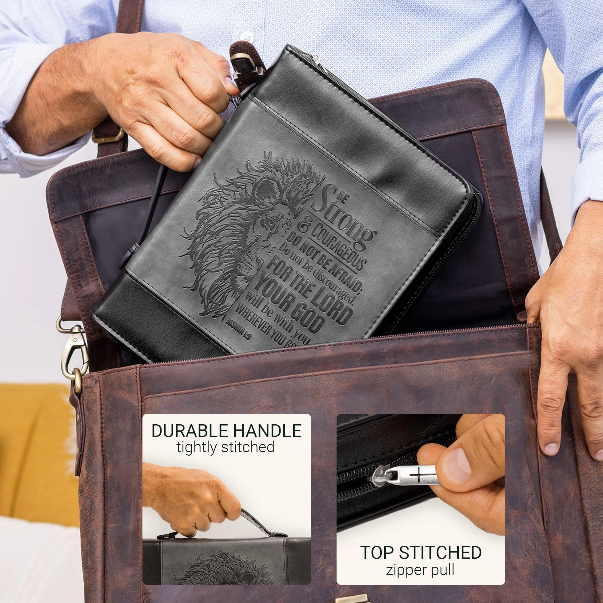 Christian Art Gifts Klasyczna okładka biblijna ze sztucznej skóry dla mężczyzn i kobiet: Be Strong and Courageous - Joshua 1:9 inspirujący werset biblijny z lwem, szary i czarny, rozmiar L