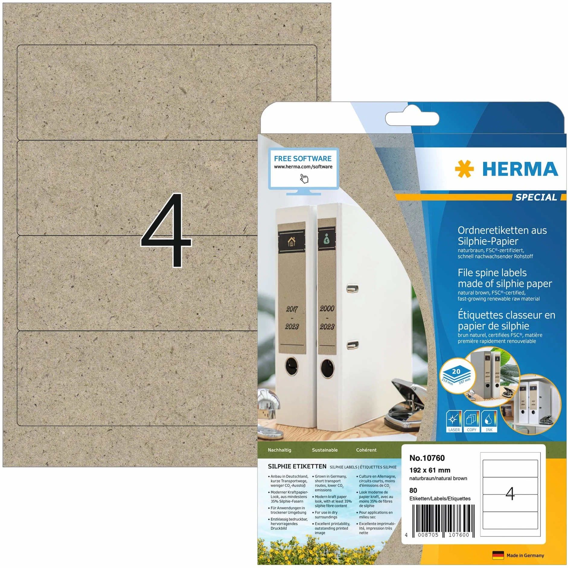 HERMA 10760 Zestaw 20 arkuszy papieru Silphie matowe, krótkie/duży format A4 (192 x 61 mm, 20 arkuszy papieru Silphie mat), samoprzylepne, do drukowania, trwałe, 80 etykiet na foldery, naturalny brąz