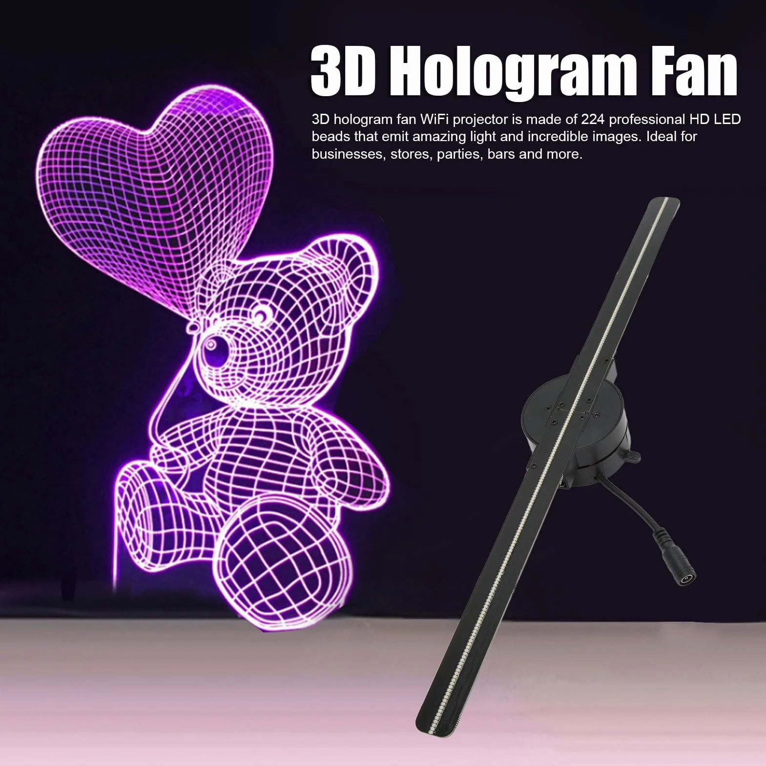Hologramowy wentylator 3D, rozdzielczość 2000 x 224, holograficzny wentylator WiFi, projektor hologramowy, regulowany kąt świecenia z 224 diodami LED, do 10 barów sklepowych (wtyczka EU