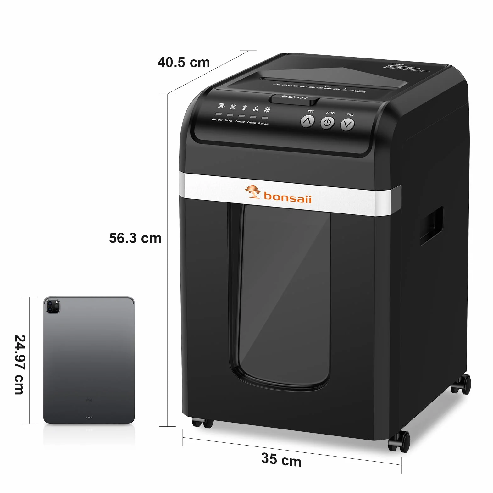 Bonsaii Niszczarka dokumentów automatyczna, 200 arkuszy, 60 min pracy, mikrocięcie DIN P-4, 31 l pojemności, cichy (58 dB), energooszczędny
