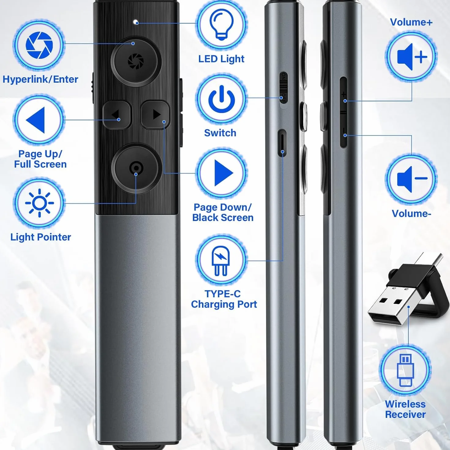 Bezprzewodowy Prezenter z Metalową Obudową do PowerPointa, USB typu C 2 w 1 Ladowalny Wskaźnik Slajdów, Prezenter do Komputerów Mac PC i Laptopów