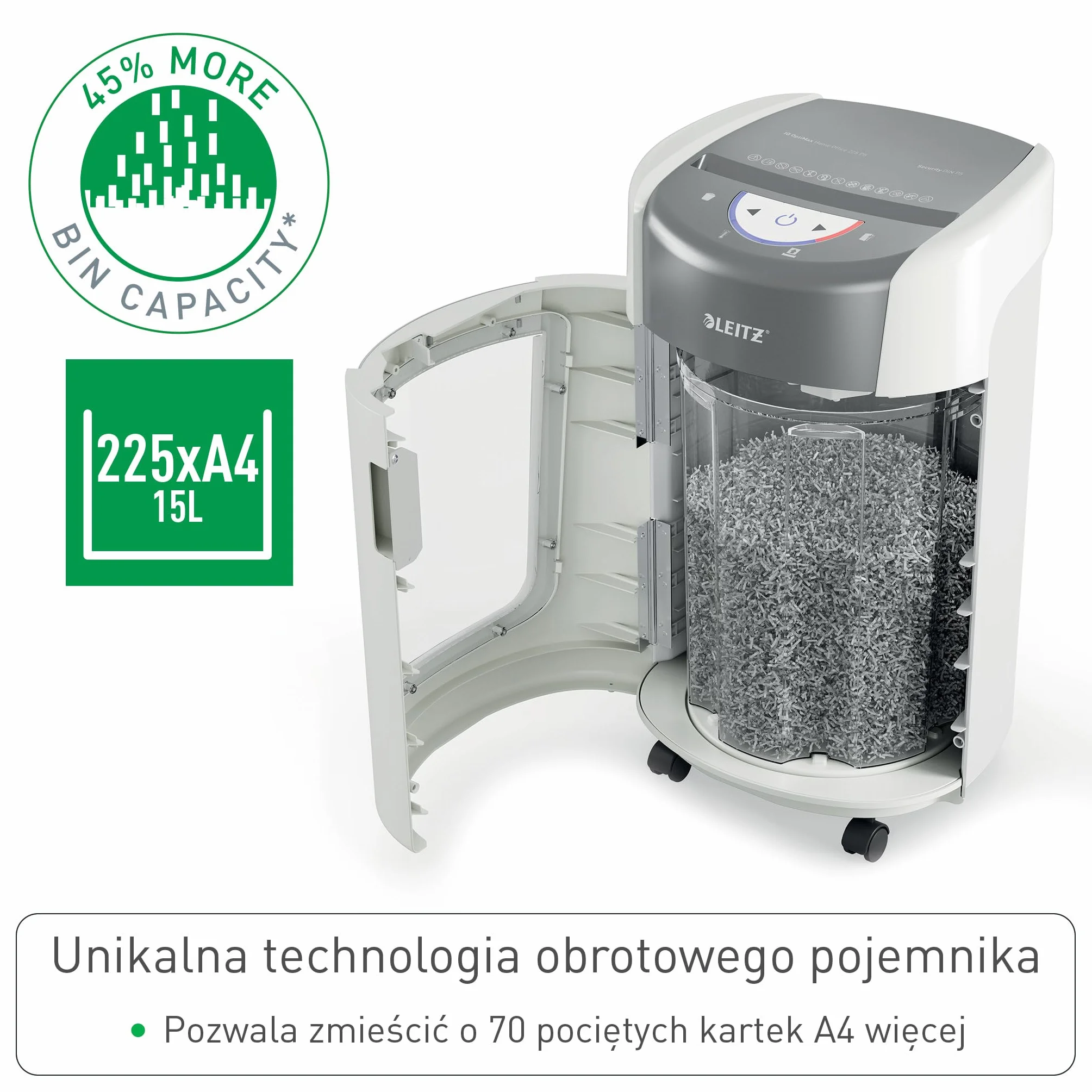 Leitz IQ OptiMax Small Office 225 niszczarka mikrocięcie, pojemnik 15 L (225 arkuszy), niszczy 8–9 kartek (70–80 g/m²), czas pracy 20 min, technologia obrotowa, +45% pojemności, poziom P5