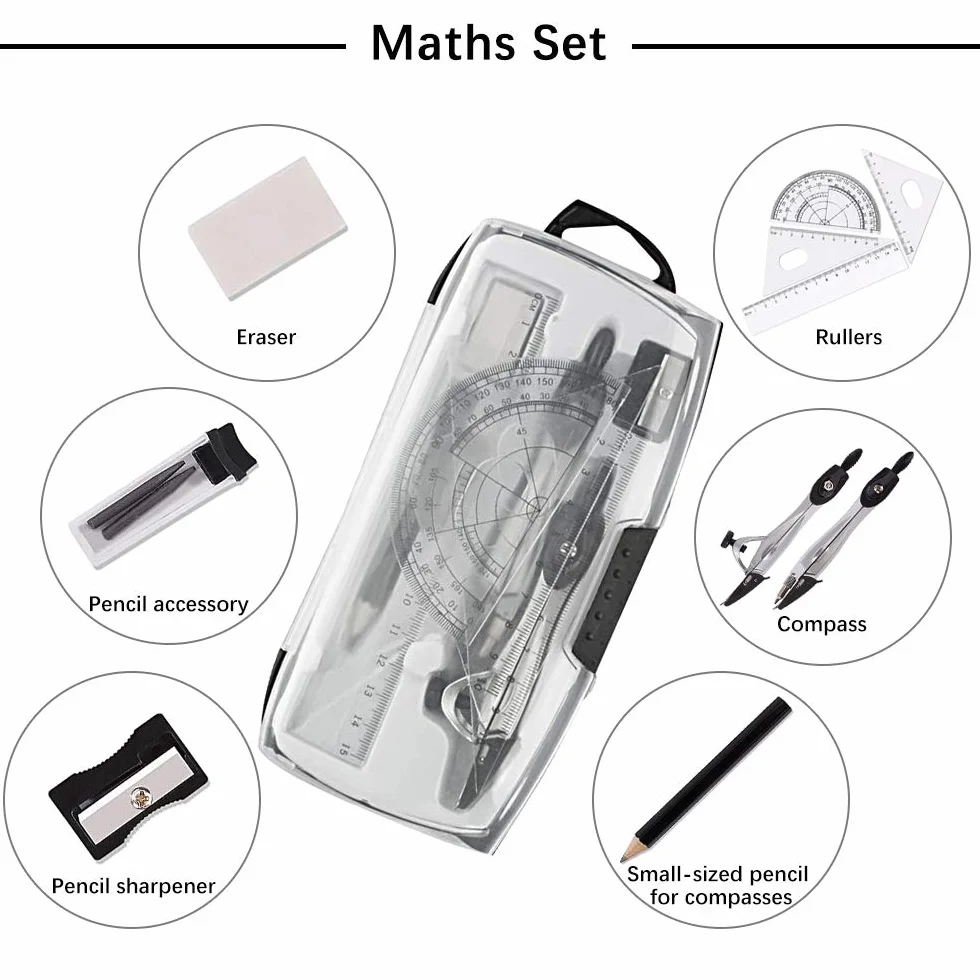 Zestaw 8 szt. kątomierza do matematyki, zestaw kompasu geometrycznego w walizce szkolnej linijki kątomierza, zestaw dla uczniów matematyki i szkicowania inżynierskiego