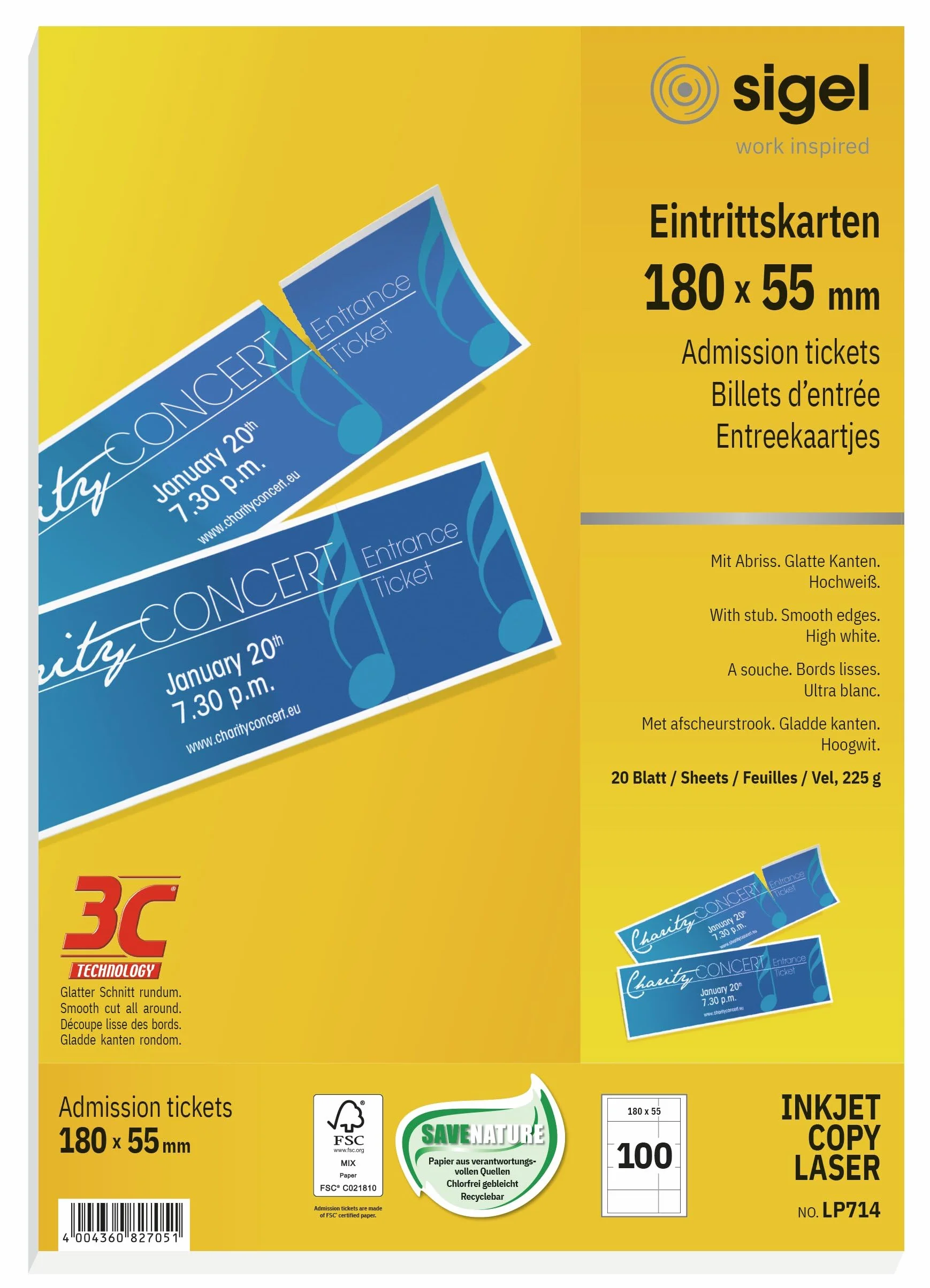 SIGEL LP714 karty wstępu do samodzielnego drukowania, 180 x 55 mm, 100 sztuk (20 arkuszy), z odrywaną