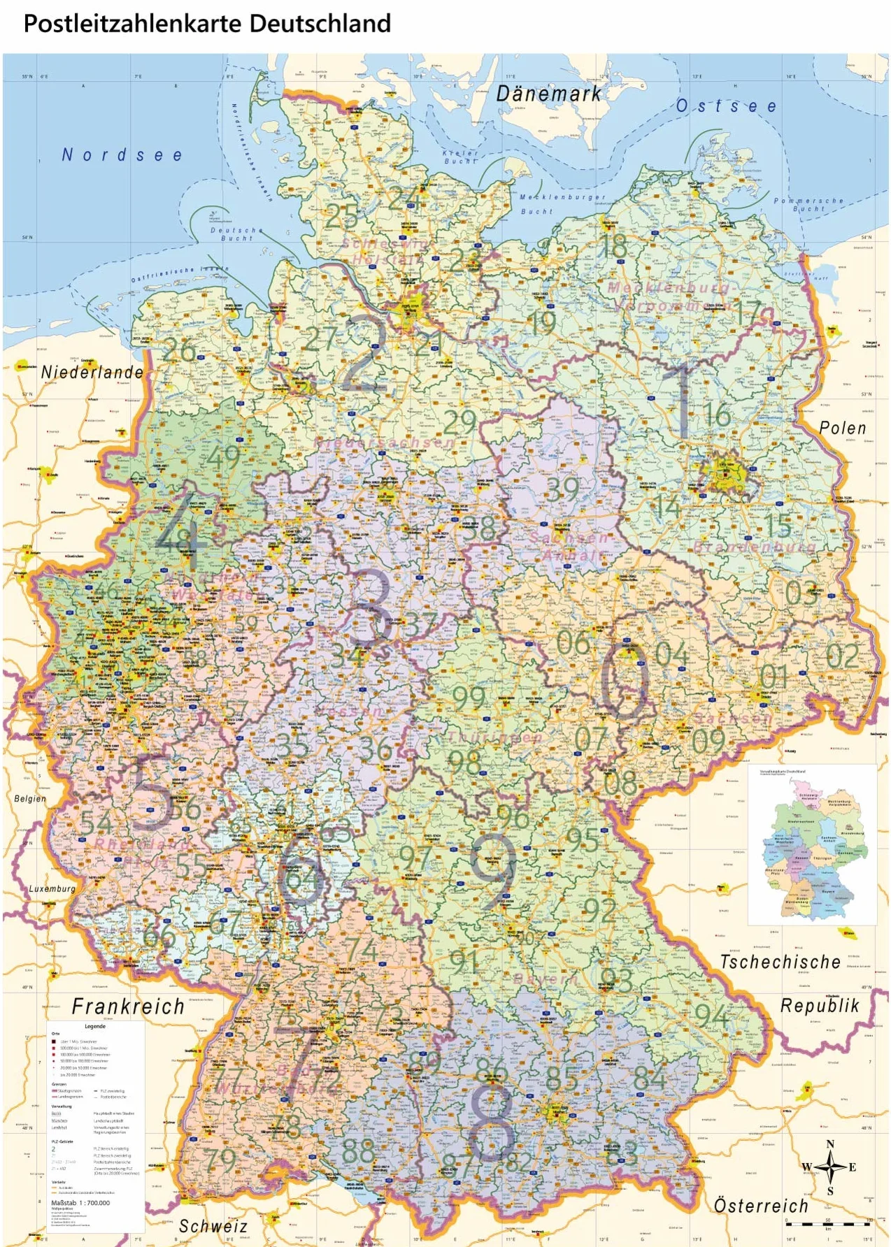 XL mapa z kodem pocztowym Niemiec z laminowaniem, DIN B0, 100 x 140 cm, do pisania, zmywalna, z krajami związkowymi związkami, w zestawie karta online z kodem pocztowym