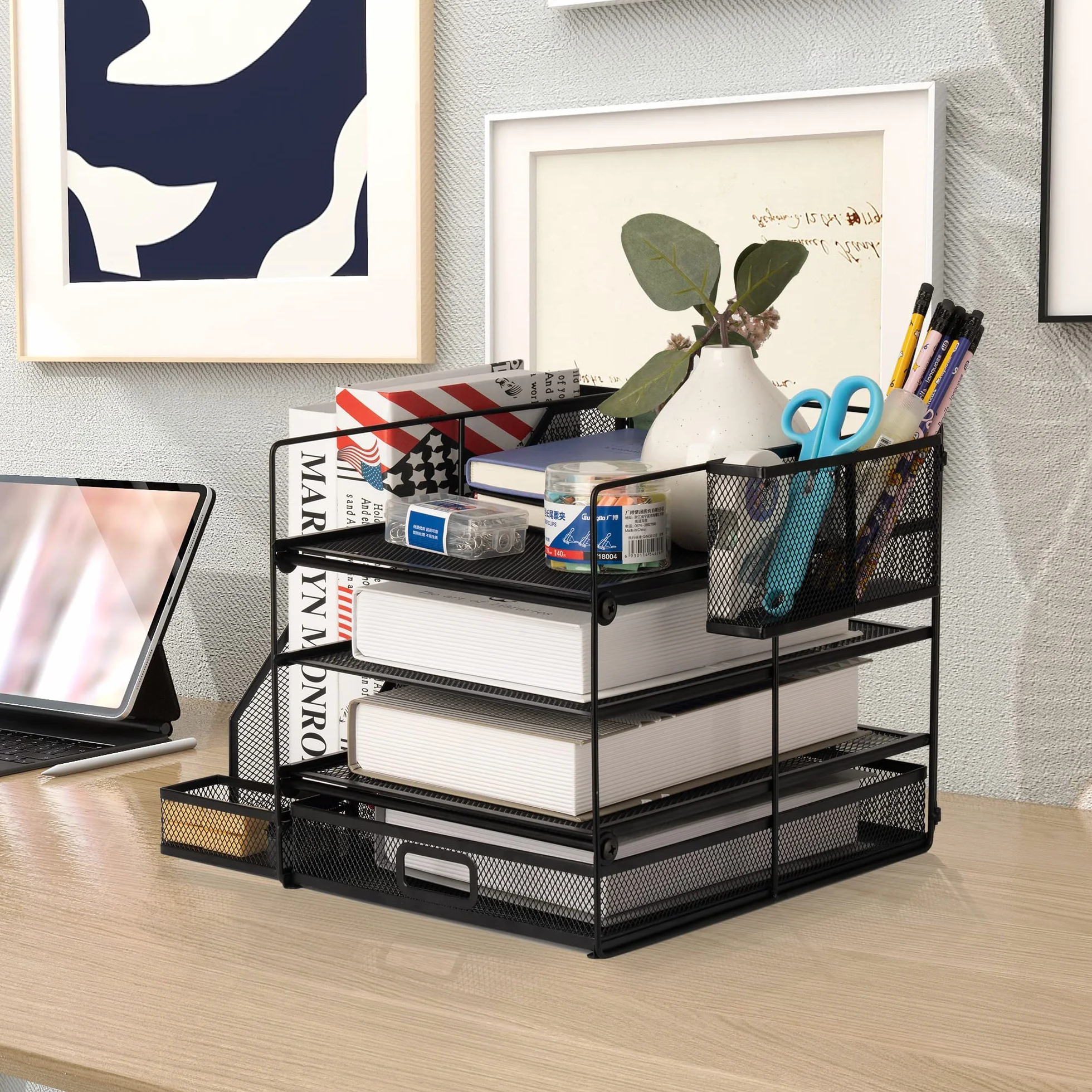 Organizer na biurko z uchwytem na dokumenty, 4-poziomowy organizer na dokumenty z szufladą i uchwytem na długopis, organizery na biurko z siatką i akcesoria z uchwytem na czasopisma do materiałów