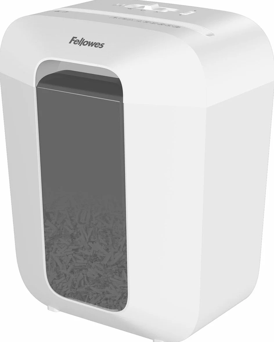 Fellowes Niszczarka do dokumentów, 9 arkuszy (P4), niszczarka papieru z cięciem cząstek do domowego biura, Powershred LX50, niszczarka z koszem 17 l i blokadą bezpieczeństwa, seria LX Design, biała