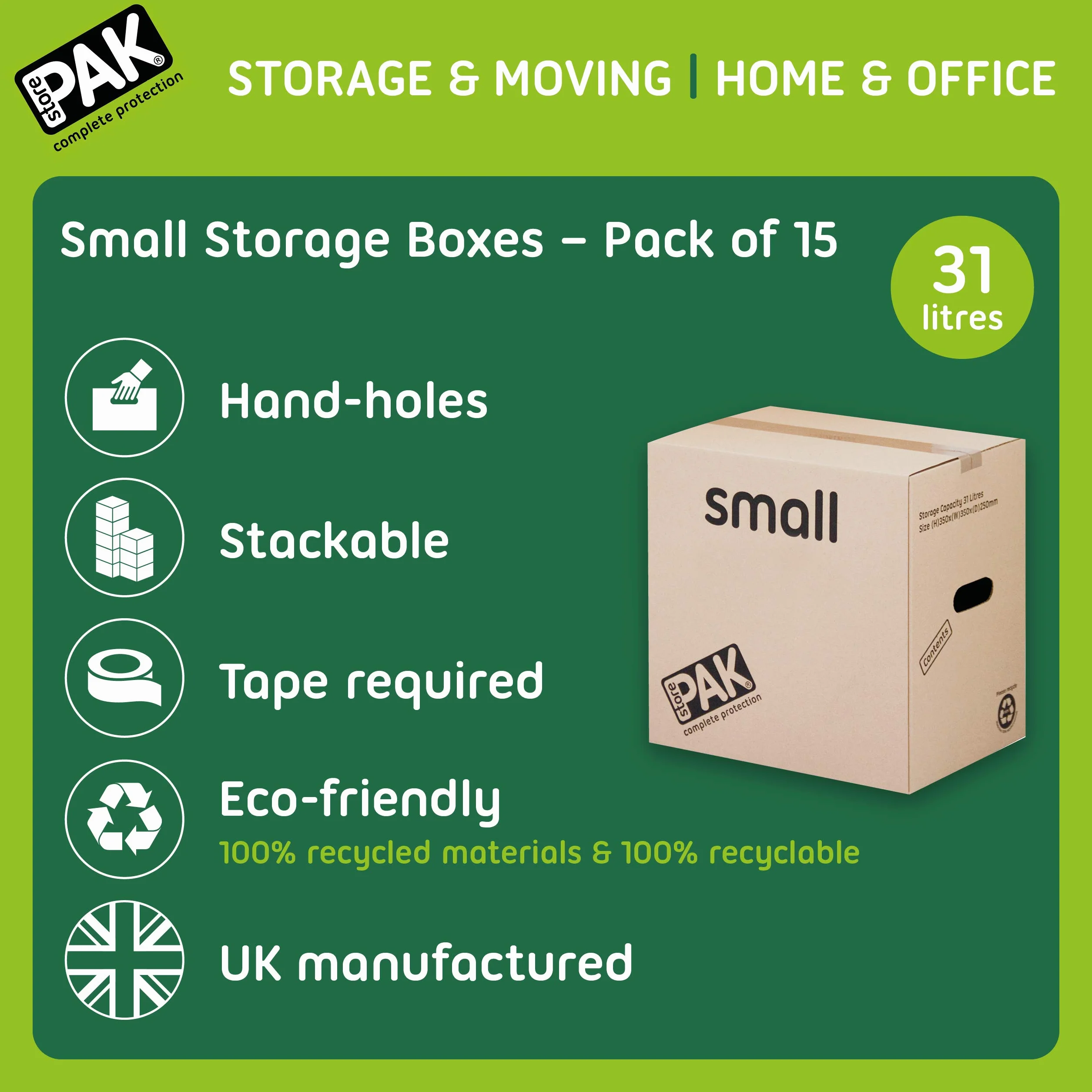 StorePAK 15 mocnych pudełek kartonowych z uchwytami do noszenia, 31 l, idealne do przechowywania, wysyłki, pakowania i przeprowadzki (15 szt.)