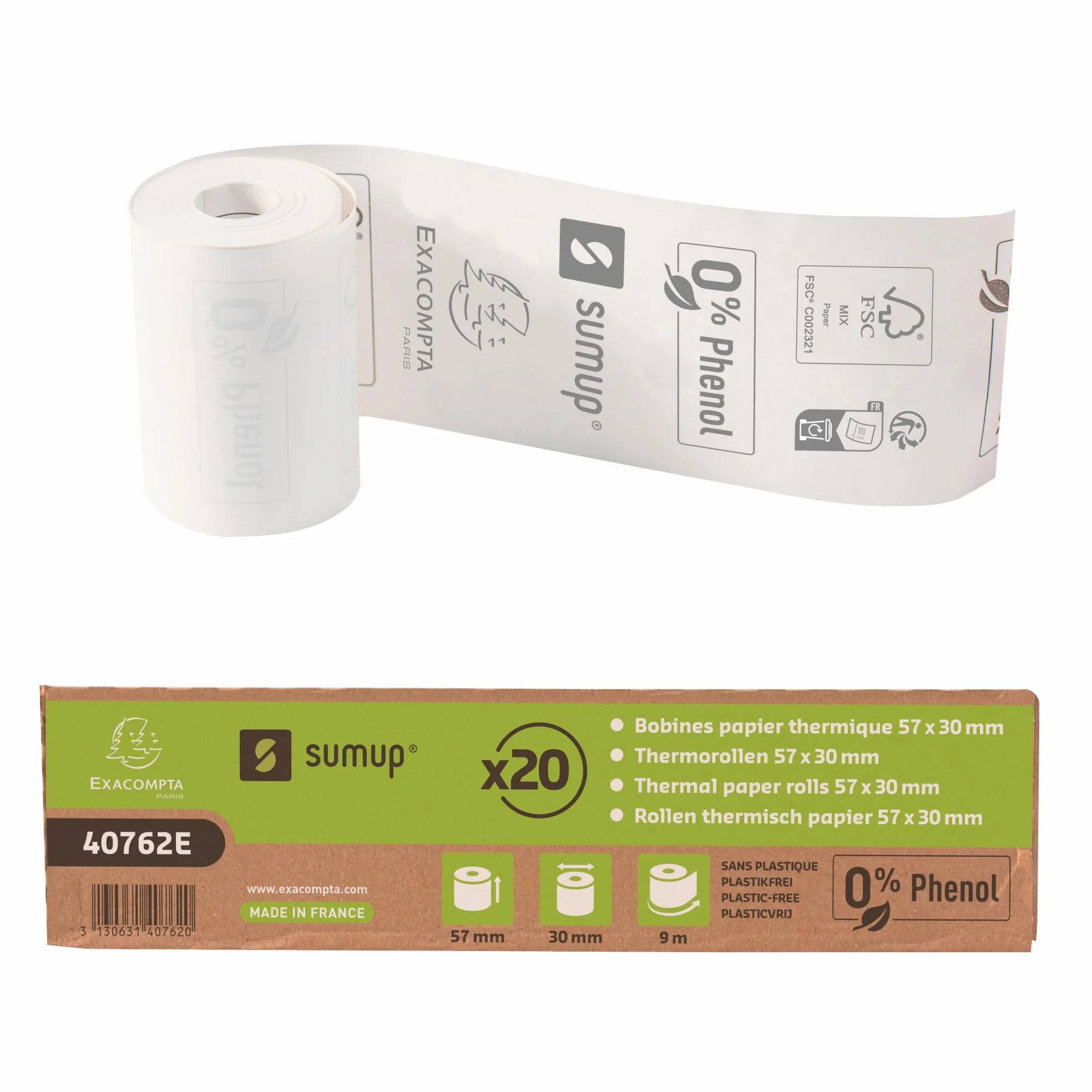 Exacompta SumUp 40762E zestaw 20 rolek termicznych 57 mm x 9 m, 1-warstwowe, ekstra białe