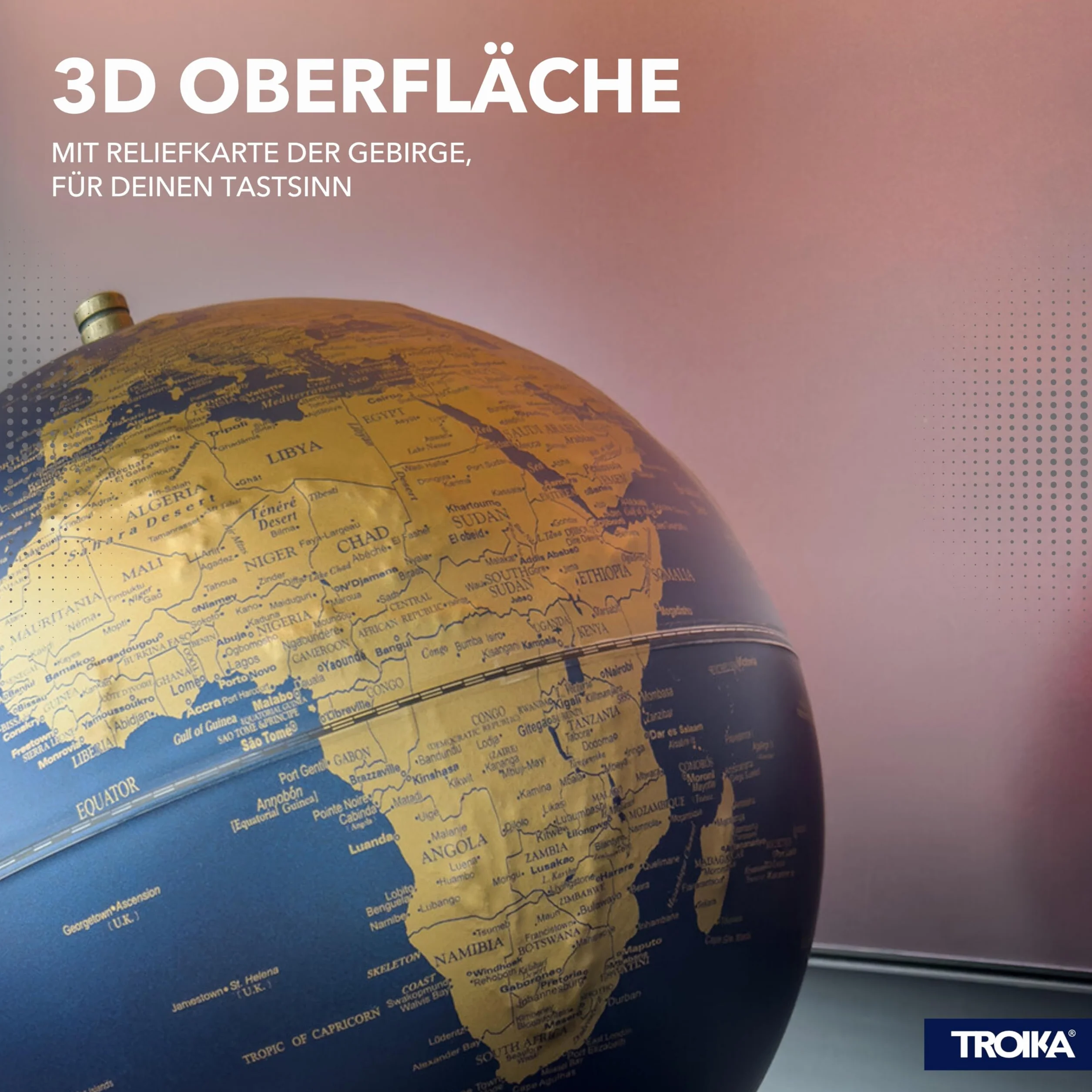 TROIKA Globus 23,5° Matowy Ø 25 cm, Prawdziwe Płaskorzeźby, Chromowana Podstawa