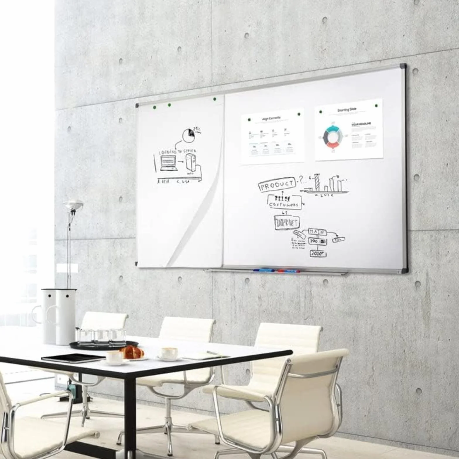 OfficeMarshal Magnetyczna tablica suchościeralna, 200 x 100 cm, z aluminiową ramą i zdejmowaną półką na długopisy do biura, domu i szkoły, odporna na zarysowania i wycieranie na sucho, tablica