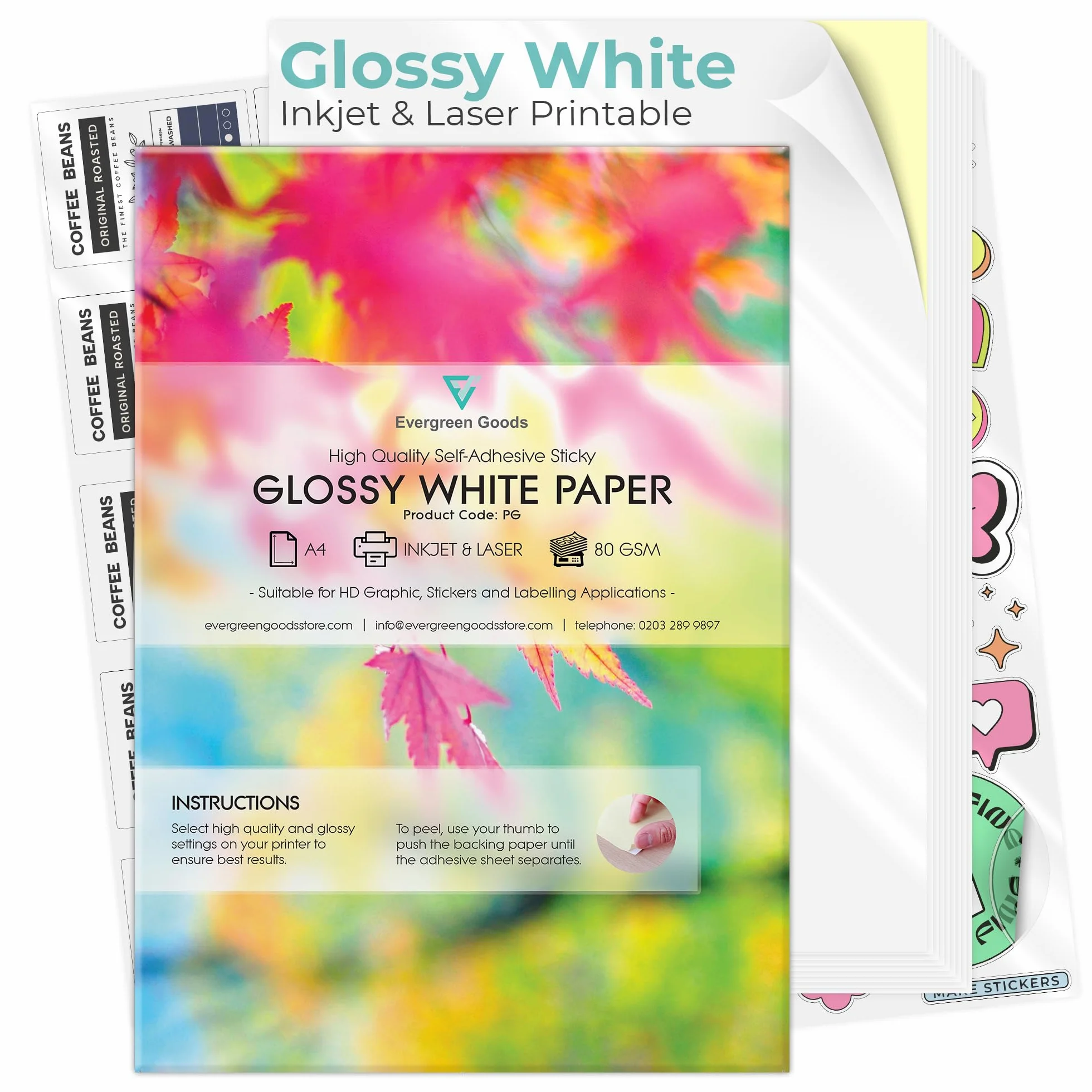 Evergreen Goods 50 arkuszy A4 błyszczący papier samoprzylepny, biały, papier do druku atramentowego/laserowego, naklejki DIY, sztuka i rzemiosło, kompatybilny z ploterem, mocny tył