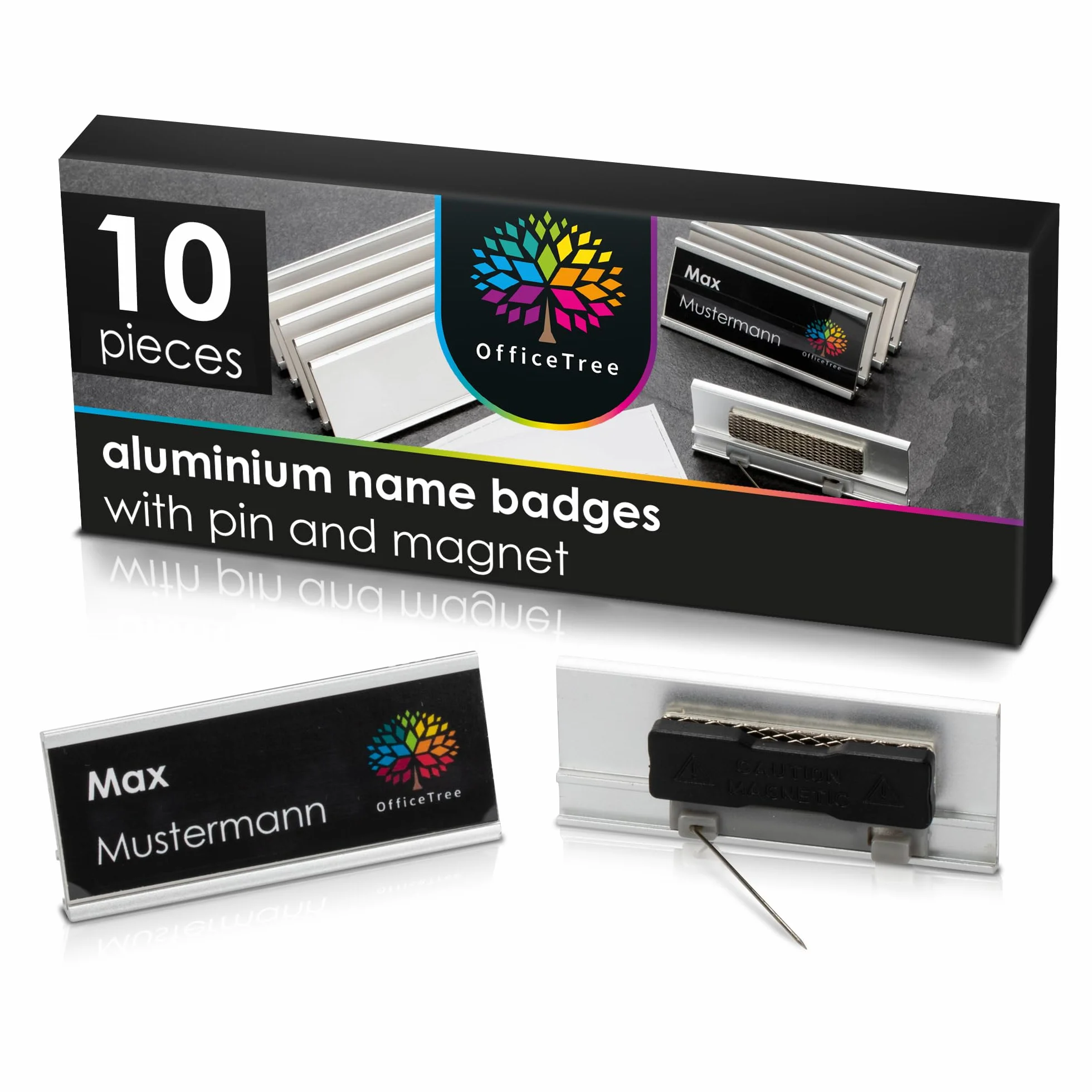OfficeTree 10 x aluminiowa plakietka imienna magnes z przypinką - magnes z imieniem - plakietka imienna do magnesów odzieżowych - magnetyczna plakietka z imieniem na targi, seminaria i wydarzenia