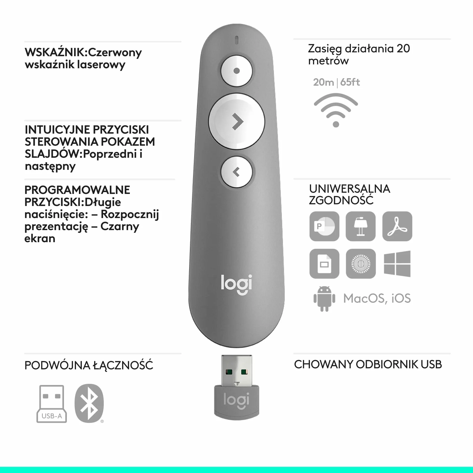Logitech R500s Laserowy wskaźnik/Pilot do prezentacji (Klasa 1) – Bluetooth i USB; uniwersalna kompatybilność, inteligentna bateria: 12 miesięcy użytkowania - Jasnoszary