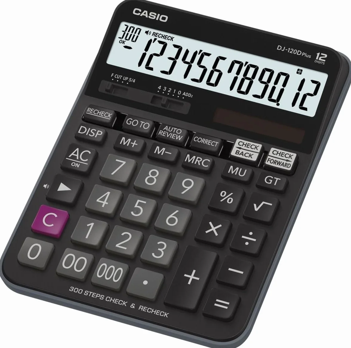 CASIO Kalkulator biurkowy DJ-120DPLUS, 12-cyfrowy, całkowita pamięć, ustawienie zaokrąglania, zasilanie energią słoneczną/bateryjną