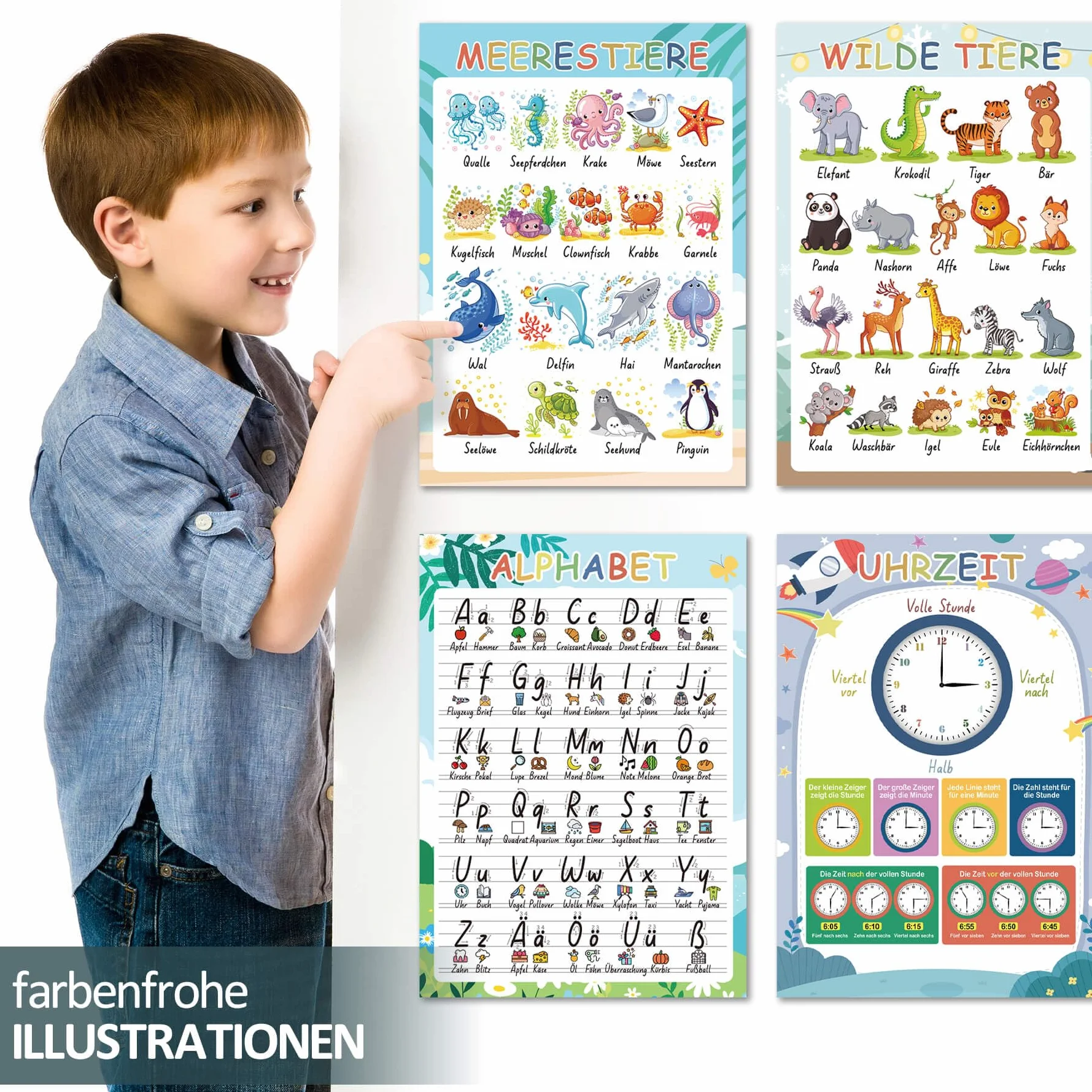 BIROYAL Montessori 16 Edukacyjnych Plakatów A4, ABC dla Dzieci, Gruby Papier Laminowany, Alfabet, Edukacyjny do Szkoły Podstawowej, Piktogramy