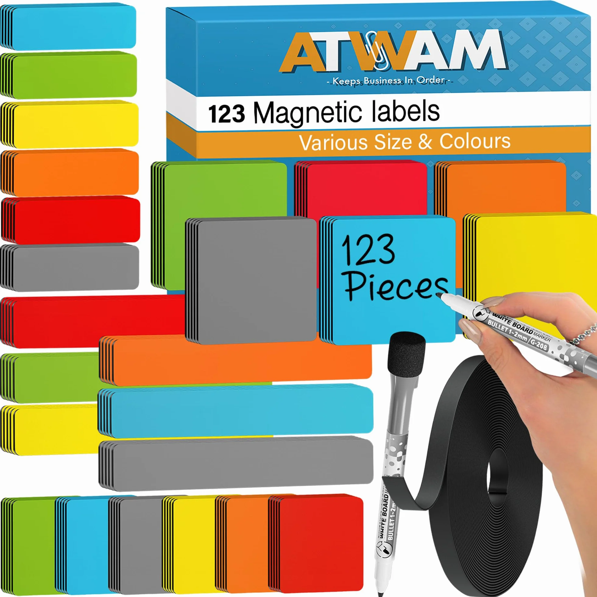 123 Magnetyczne Zapisywalne - MEGA Zestaw Akcesoriów - 5 Różnych Rozmiarów - 6 Kolorów - Magnetyczne Paski do Opisania - Do Tablic, Lodówek - Magnesy Wielokrotnego Użytku