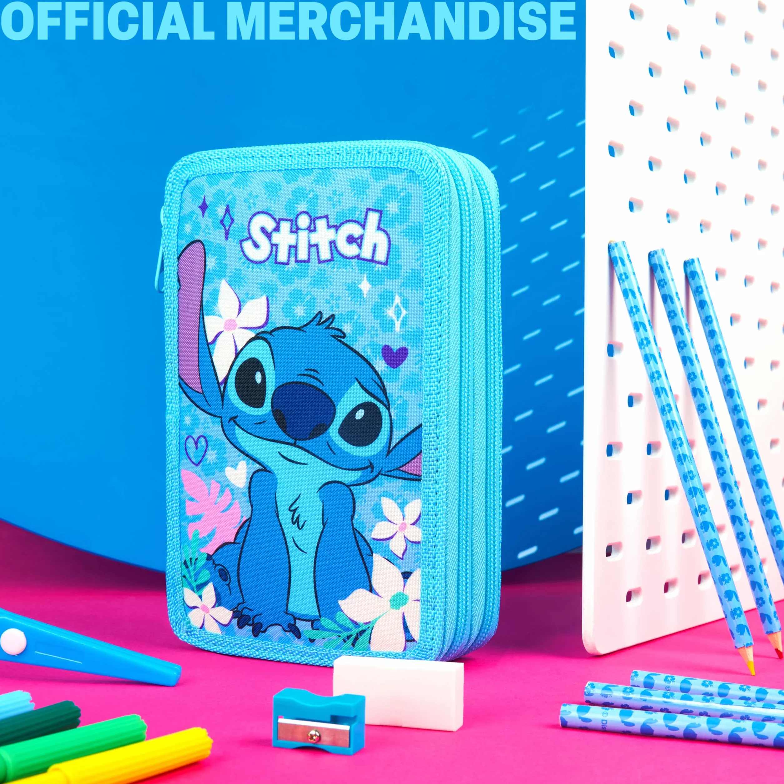 Disney Piórnik Stitch dla dziewczynek, nastolatków, dzieci z 2 przegródkami na kolorki, markery, długopisy, gumki, linijki, szkoła, artykuły szkolne, prezenty dla dziewczynek (Niebieski Stitch)