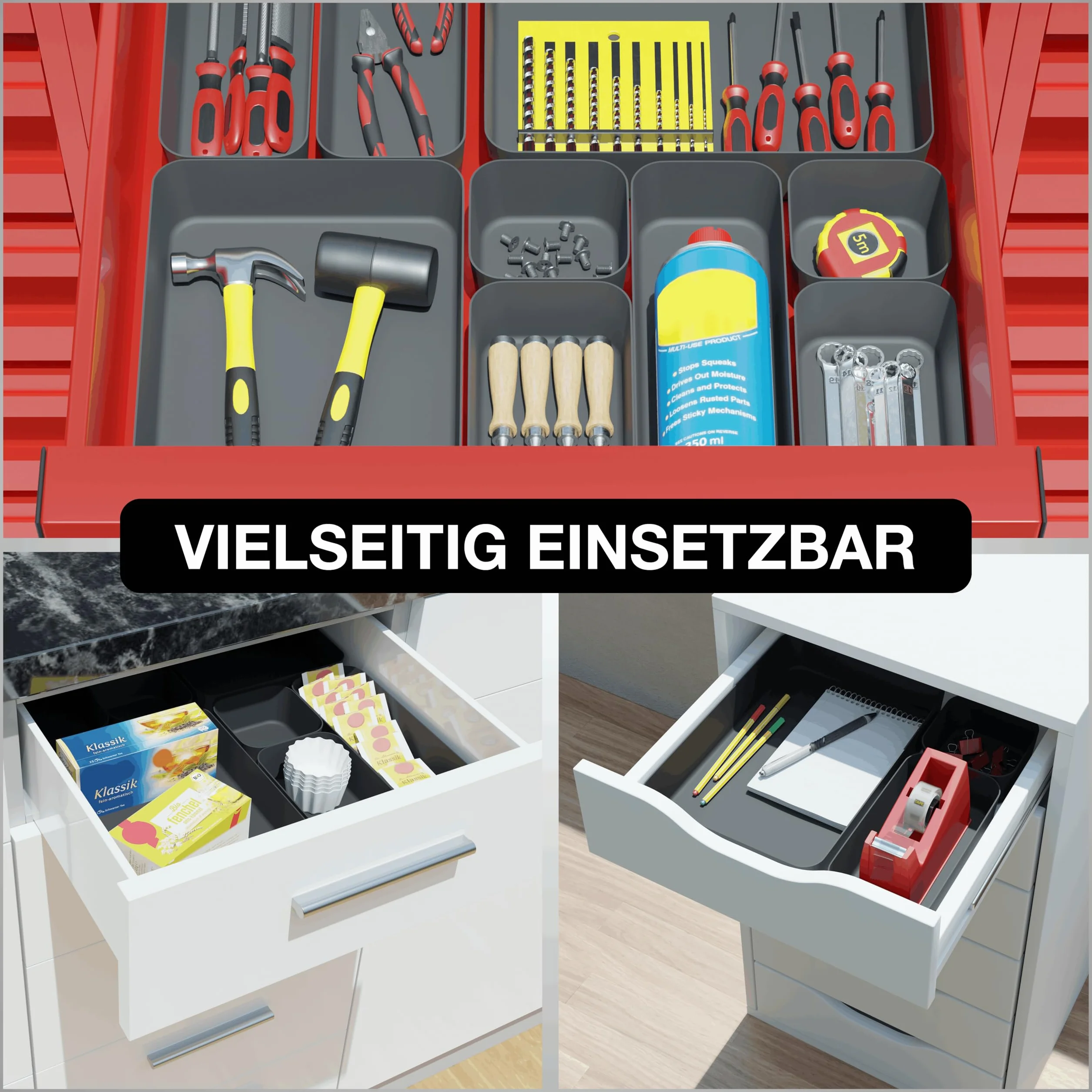 VMbathrooms Zestaw organizerów szufladowych | Praktyczne pudełka sortowania | Separator szufladowy - Idealny pomocnik w utrzymaniu porządku na co dzień do biura i domu (antracytowy)