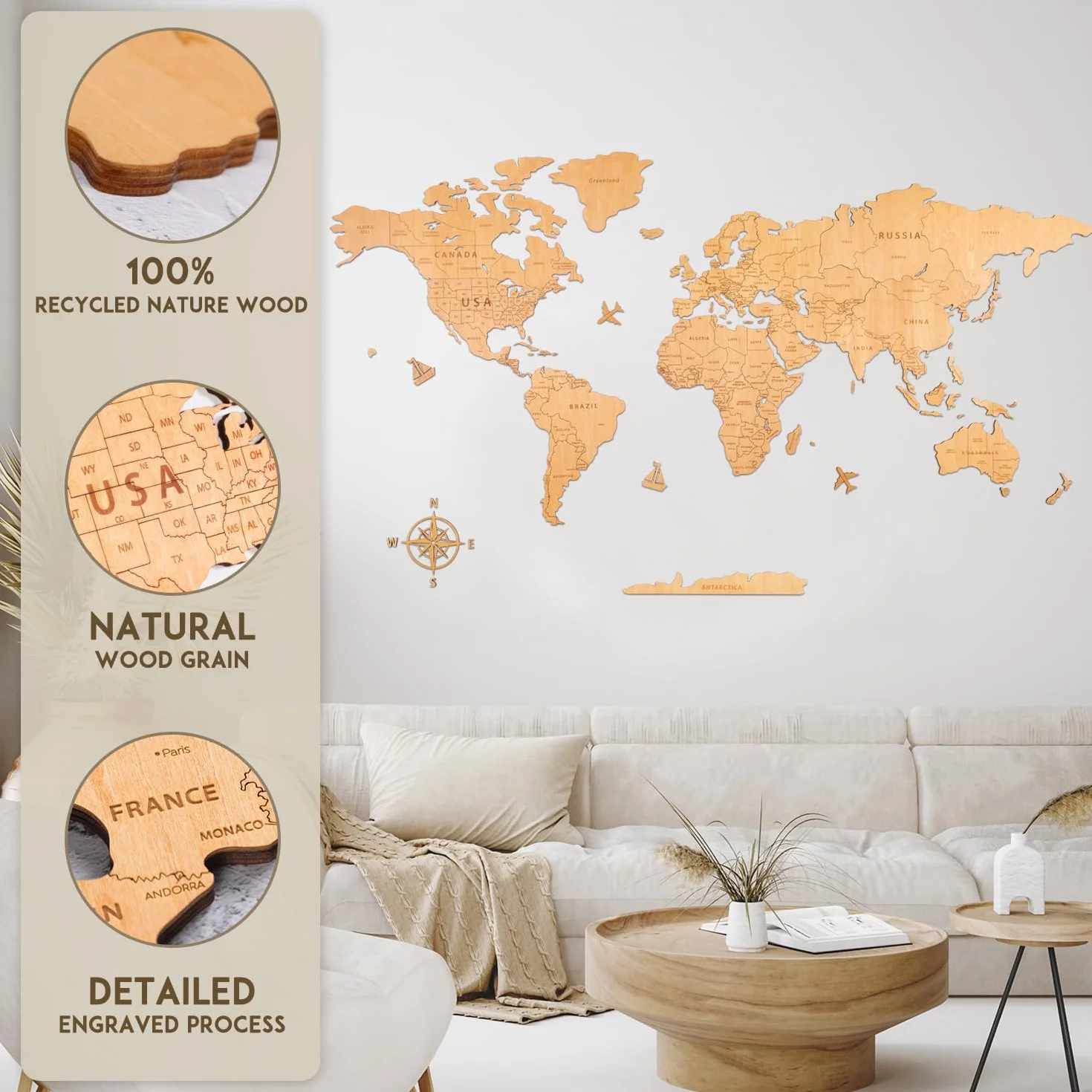 Creawoo Mapa Mundi Duża drewniana ściana Mapamundi z naturalnego drewna dekoracja ścienna do salonu biurowego, sypialni -200x114 CM Mapamundi Art Wall Decor