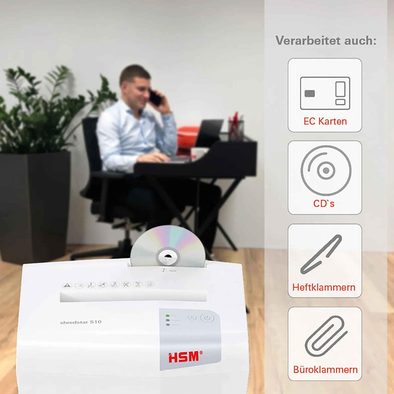 HSM Shredstar S10 niszczarka dokumentów, poziom bezpieczeństwa P-2, 10 arkuszy (cięcie w paski) z niszczarką CD, 6 mm