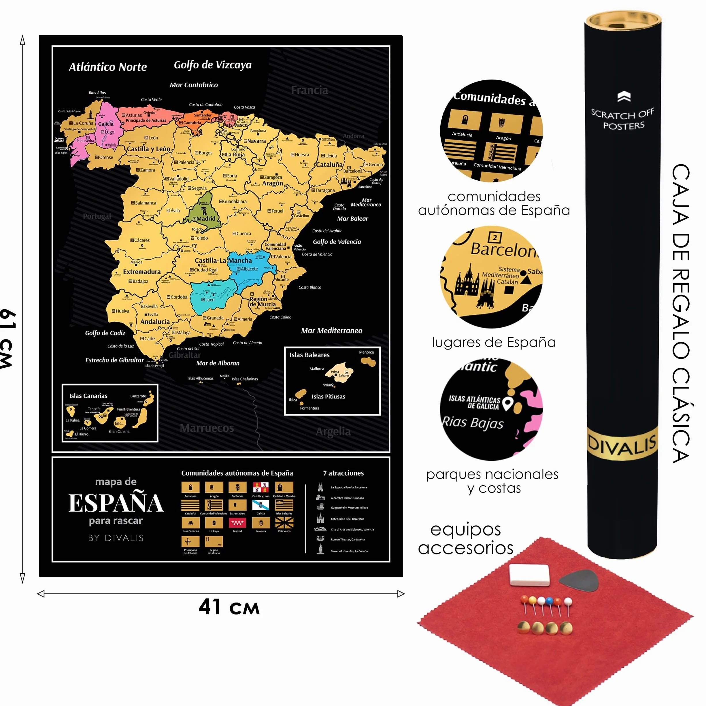 Divalis Mapa Hiszpanii - Duża Mapa do Zdrapywania - Mapa Hiszpanii do Zdrapywania według Prowincji i Miast - Scratch off Spain Map - Scratchable Spain Poster