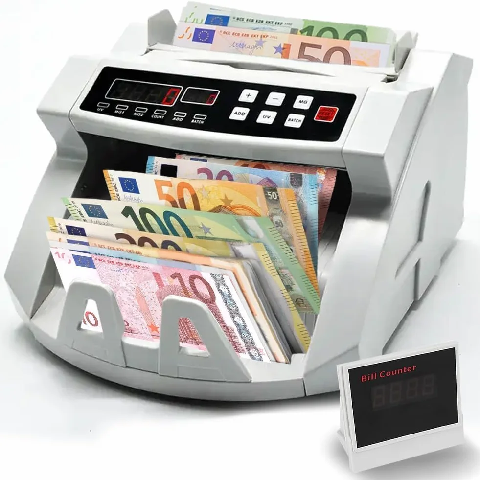 SQUADO Profesjonalne liczniki banknotów z wykrywaczem fałszywych banknotów i podwójnym wyświetlaczem LED