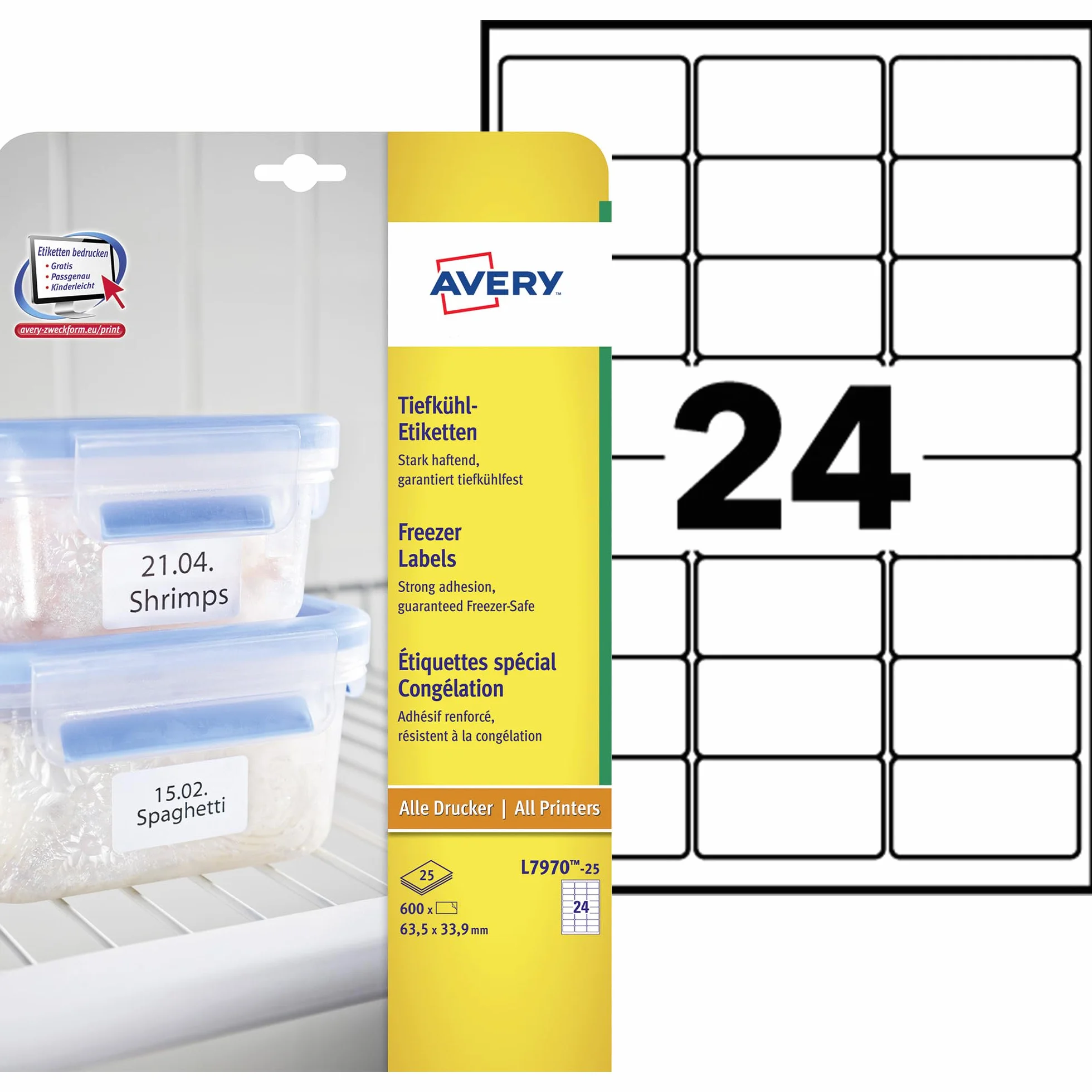 AVERY Zweckform L7970-25 etykiety do mrożenia (63,5 x 33,9 mm na DIN A4, samoprzylepne, odporne na temperaturę i mrożenie naklejki do mrożonek, możliwość zadrukowania) 600 sztuk na 25 arkuszach białe