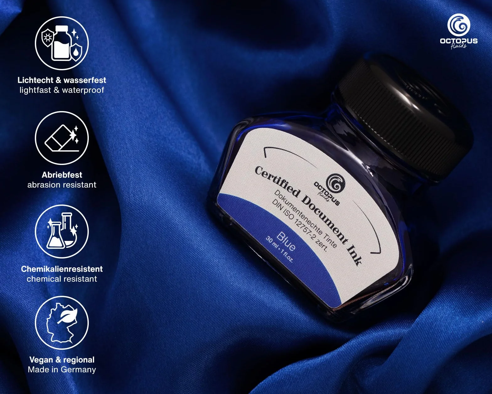 Octopus Fluids Document Ink Blue atrament do dokumentów, certyfikowany zgodnie z DIN ISO 12757-2, niebieski, 30 ml