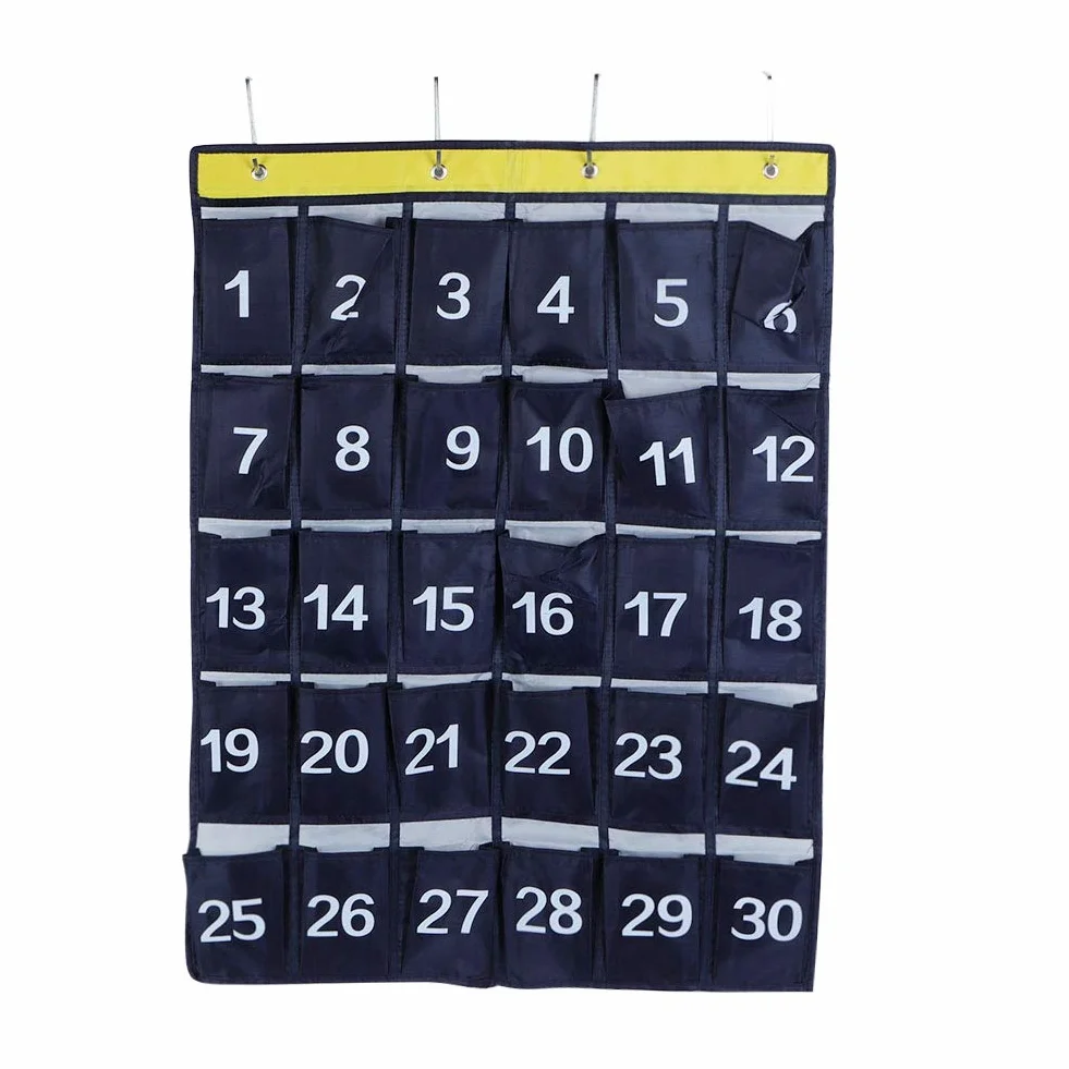 Numerowana torba do przechowywania w klasie, 30 kieszeni Wiszący organizer kieszeni Torby do przechowywania w szkole Wykresy z 4 metalowymi haczykami do kalkulatora w klasie i uchwytu na telefon komórkowy, granatowy