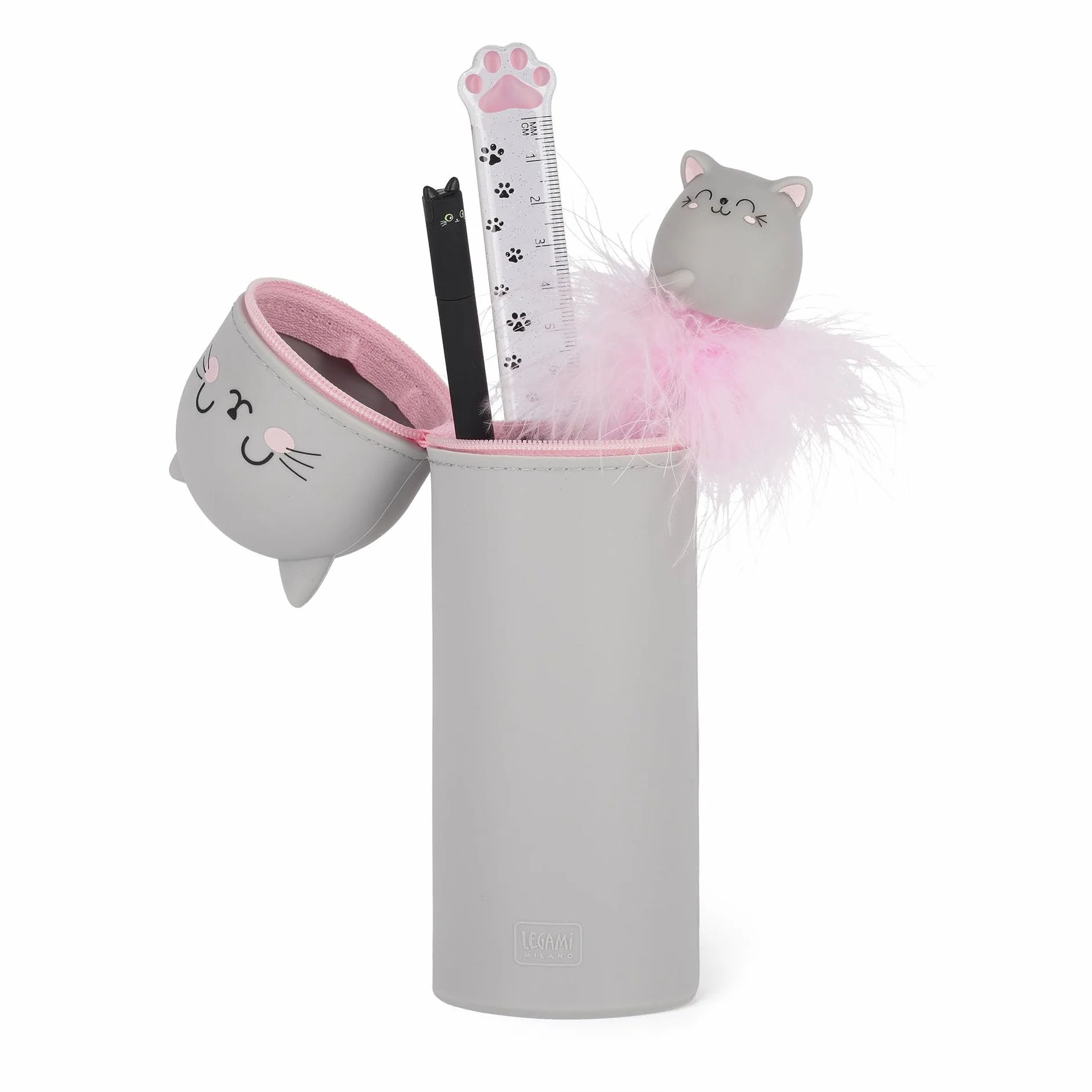 Legami - Piórnik 2 w 1 z miękkiego silikonu, Kawaii, uchwyt na długopisy, z zamkiem błyskawicznym, Ø 6,3 cm, szary, nowoczesny, szary, Nowoczesny