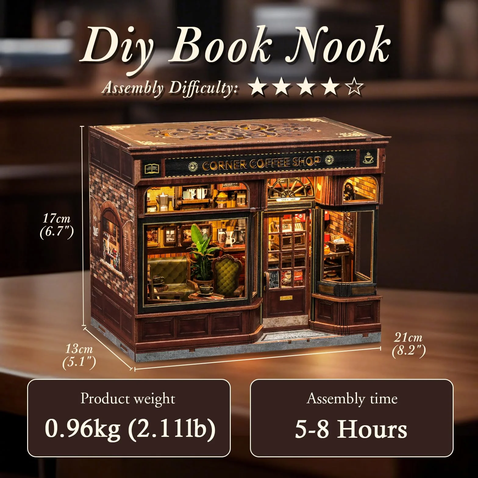CUTEBEE Book Nook – Domek DIY drewniany z LED dla dorosłych, puzzle 3D, dekoracja na półkę z książkami, prezent (Corner Coffee Shop)