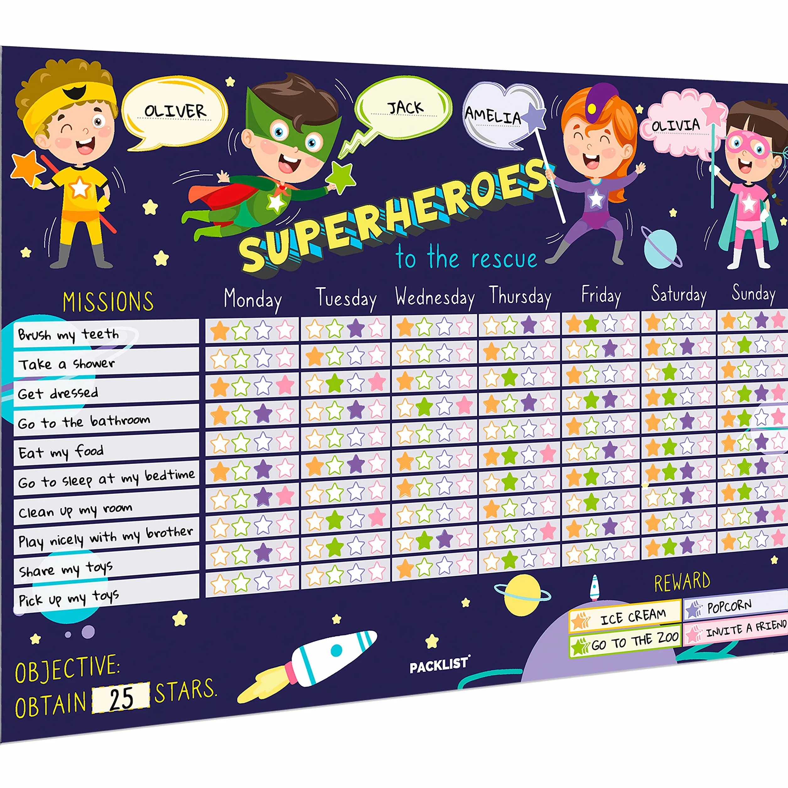Reward Chart for Superhero Children. Kids Reward Chart, Learning Positively - Educational Weekly Calendar for Missions: Superheroes to the Rescue of Stars