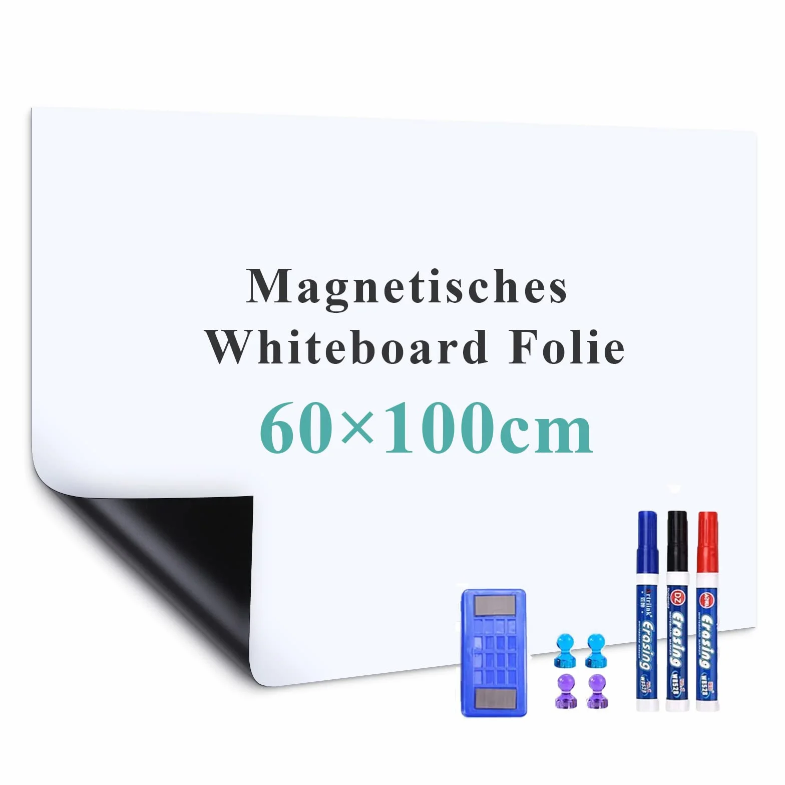 Magnetyczna Tablica Suchościeralna 60 x 100 cm, Samoprzylepna Folia, Łatwa do Przycięcia, DIY z Markerem, Gąbką i Magnesami, Idealna do Biura, Szkoły i Domu