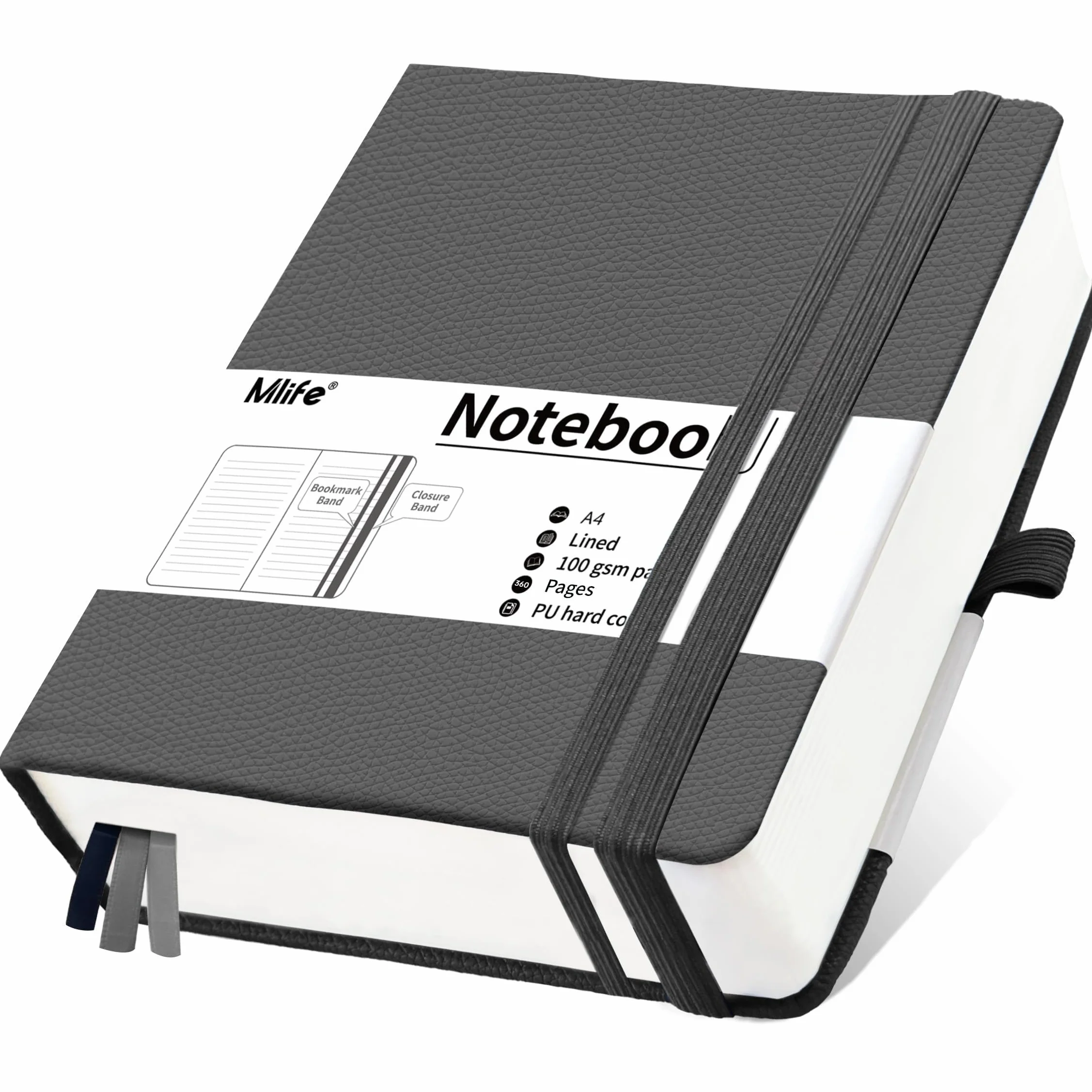 Mlife A4 Lined Journal Notebook 360 stron gruby notatnik College Ruled 100Gsm Premium twarda okładka PU Szary