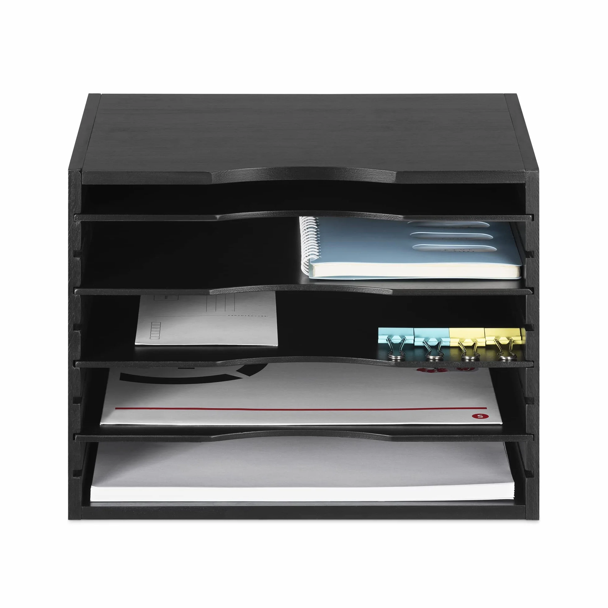 Navaris Bambusowa półka na dokumenty – 33 x 26 x 24,5 cm organizer na biurko – drewniana półka 5 półek – system organizacji biura – czarna